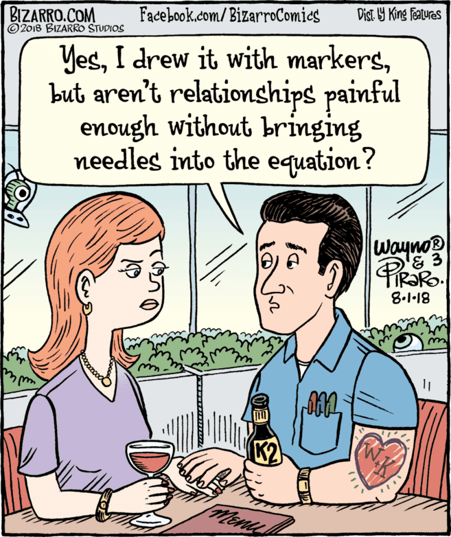 Sharing OCR: BIZARRO.COM © 2018 BIZARRO STUDIOS Facebook.com/ BizarroComics Dist Y King Features Yesbut aren't relationships painful enough without bringing needles into the equation? Wayno® '& 3 PRORO 8.1·18 K2 Menu BIZARRO.COM © 2018 BIZARRO STUDIOS Facebook.com/ BizarroComics Dist Y King Features YesI drew it with markersbut aren't relationships painful enough without bringing needles into the equation? Wayno® '& 3 PRORO 8.1·18 K2 Menu