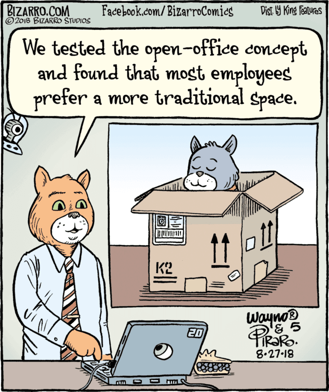 Computer OCR: BIZARRO.COM © 2018 BIZARRO STUDIOS Facebook.com/BizarroComics Dist Y King Fatures We tested the open-office concept and found that most employees prefer a more traditional space. 11 K2 Wayno® 2D 8.27 18 BIZARRO.COM © 2018 BIZARRO STUDIOS Facebook.com/BizarroComics Dist Y King Fatures We tested the open-office concept and found that most employees prefer a more traditional space. 11 K2 Wayno® 2D 8.27 18