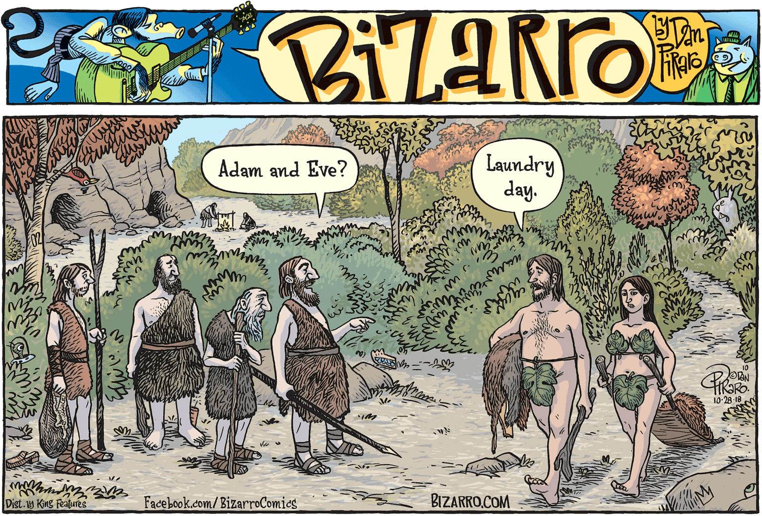 Illustration OCR: Laundry day. Adam and Eve? OAN K?RO. 10-28-18 Dist.1y King Features Facebook.com/BizarroComics BIZARRO.COM Laundry day. Adam and Eve? OAN K?RO. 10-28-18 Dist.1y King Features Facebook.com/BizarroComics BIZARRO.COM