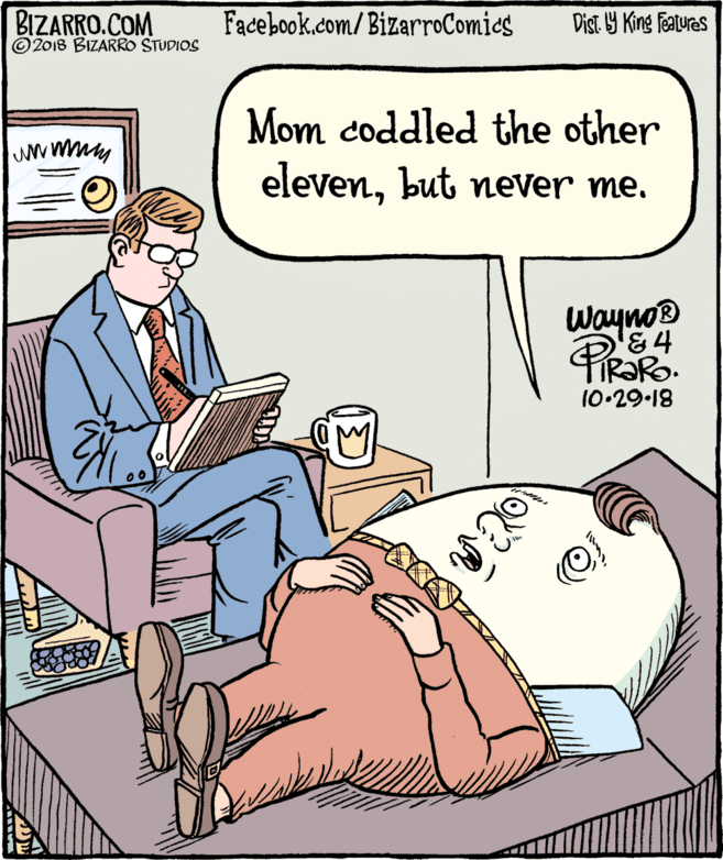 Illustration OCR: BIZARRO.COM © 2018 BIZARRO STUDIOS Facebook.com/BizarroComies Dist Y King Features Mom coddled the other elevenbut neVer me. Wayno® '&4 TR?RO. 10.29-18 BIZARRO.COM © 2018 BIZARRO STUDIOS Facebook.com/BizarroComies Dist Y King Features Mom coddled the other elevenbut neVer me. Wayno® '&4 TR?RO. 10.29-18