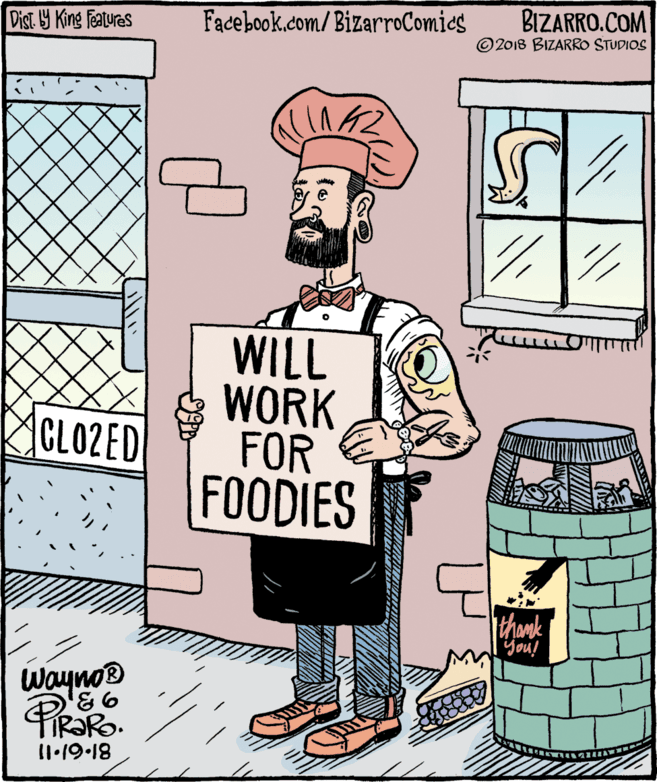 Humour OCR: Dist Y King Features Facebook.com/ BizarroComics BIZARRO.COM ©2018 BIZARRO STUDIOS WILL WORK FOR FOODIES CLO2ED thank you! Wayno® Il.19-18 Dist Y King Features Facebook.com/ BizarroComics BIZARRO.COM ©2018 BIZARRO STUDIOS WILL WORK FOR FOODIES CLO2ED thank you! Wayno® Il.19-18