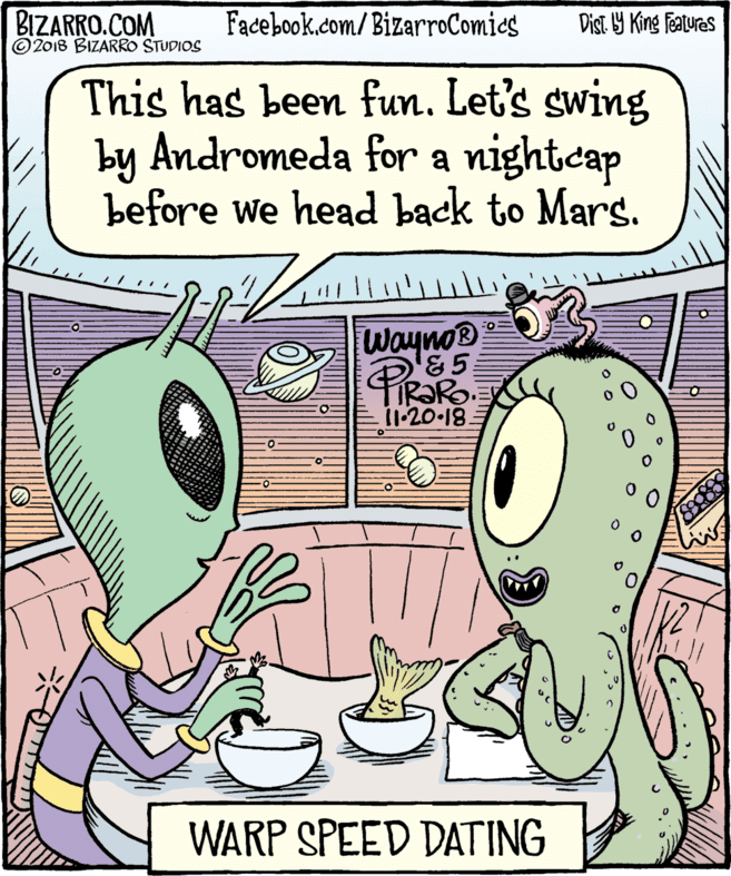 Drawing OCR: BIZARRO.COM © 2018 BIZARRO STUDIOS Facebook.com/BizarroComies Dist 9 King features This has been fun. Let's swing by Andromeda for a nightcap before we head back to Mars. Wayno® PIRARO 11-20-18 WARP SPEED DATING BIZARRO.COM © 2018 BIZARRO STUDIOS Facebook.com/BizarroComies Dist 9 King features This has been fun. Let's swing by Andromeda for a nightcap before we head back to Mars. Wayno® PIRARO 11-20-18 WARP SPEED DATING