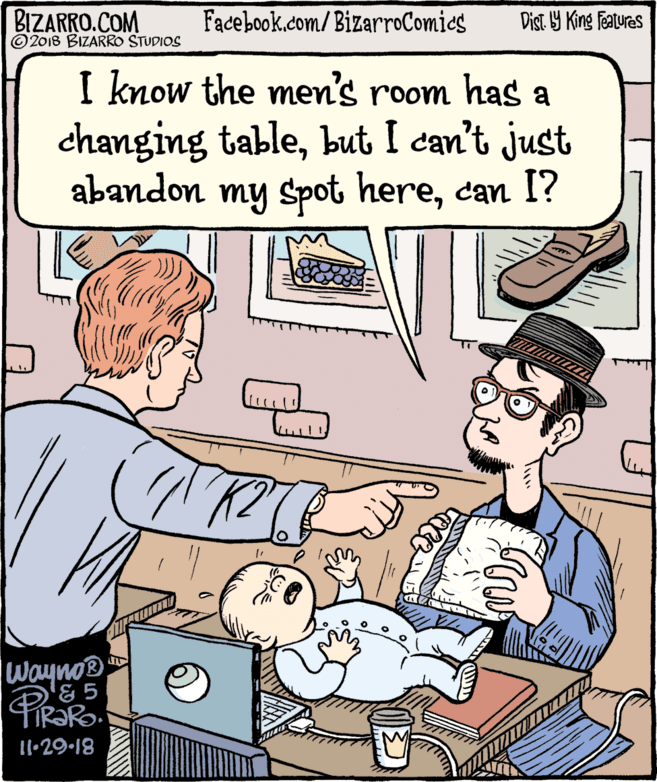 Rectangle OCR: BIZARRO.COM © 2018 BIZARRO STUDIOS Facebook.com/BizarroComies Dist Y King Fatures I know the men's room has a changing tablebut I can't just abandon my Spot herecan I? 11111! Wayno® & 5 l1•29-18 BIZARRO.COM © 2018 BIZARRO STUDIOS Facebook.com/BizarroComies Dist Y King Fatures I know the men's room has a changing tablebut I can't just abandon my Spot herecan I? 11111! Wayno® & 5 l1•29-18