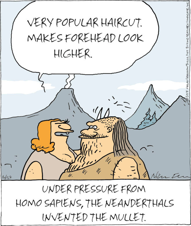 Handwriting OCR: VERY POPULAR HAIRCUT. MAKES FOREHEAD LOOK HIGHER. UNDER PRESSURE FROM HOMO SAPIENSTHE NEANDERTHALS INVENTED THE MULLET. 2018 MIKLAS ERIKSSON/BULLSINC VERY POPULAR HAIRCUT. MAKES FOREHEAD LOOK HIGHER. UNDER PRESSURE FROM HOMO SAPIENSTHE NEANDERTHALS INVENTED THE MULLET. 2018 MIKLAS ERIKSSON/BULLSDIST. BY KING FEATVRES SYNDICATE