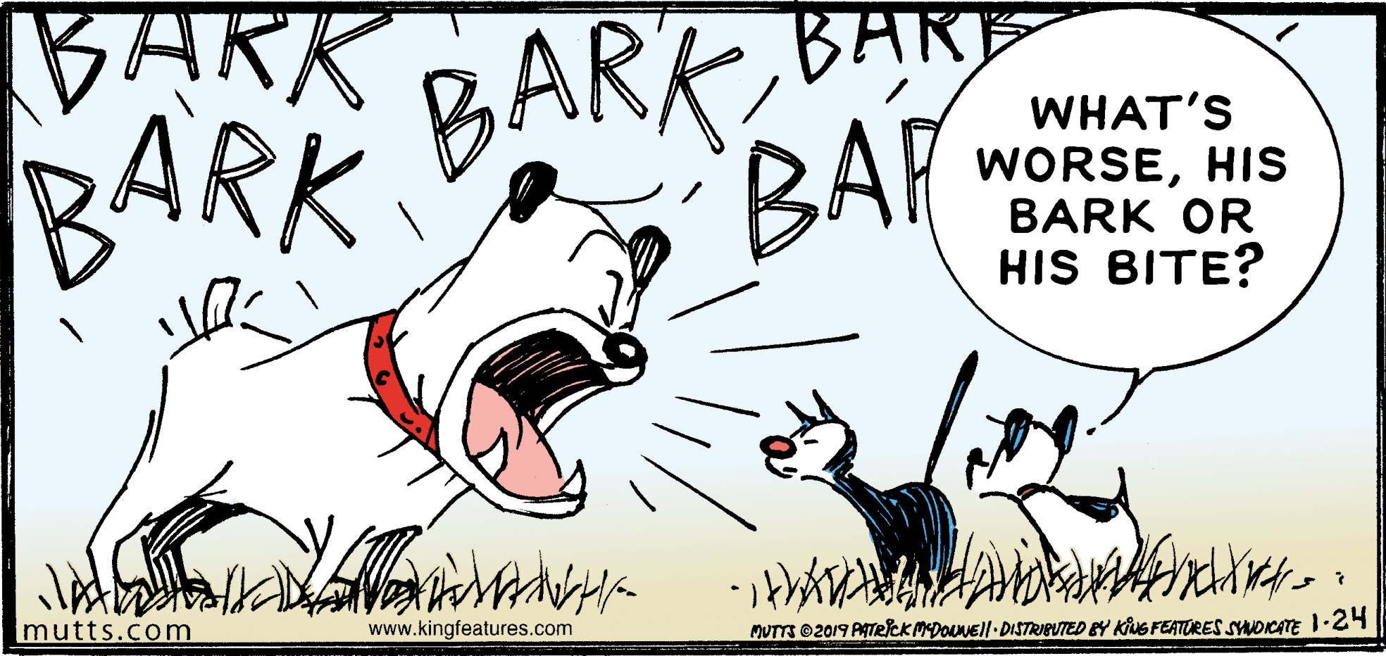 Rectangle OCR: BARK BARK BARR BA BAR WHAT'S WORSEHIS BARK OR HIS BITE? mutts.com www.kingfeatures.com MUTTS 2019 PATRICK MeDOUNEll DISTRIBUTED BY KUG FEATURES SHDICATE 1-24 BARK BARK BARR BA BAR WHAT'S WORSEHIS BARK OR HIS BITE? mutts.com www.kingfeatures.com MUTTS 2019 PATRICK MeDOUNEll DISTRIBUTED BY KUG FEATURES SHDICATE 1-24
