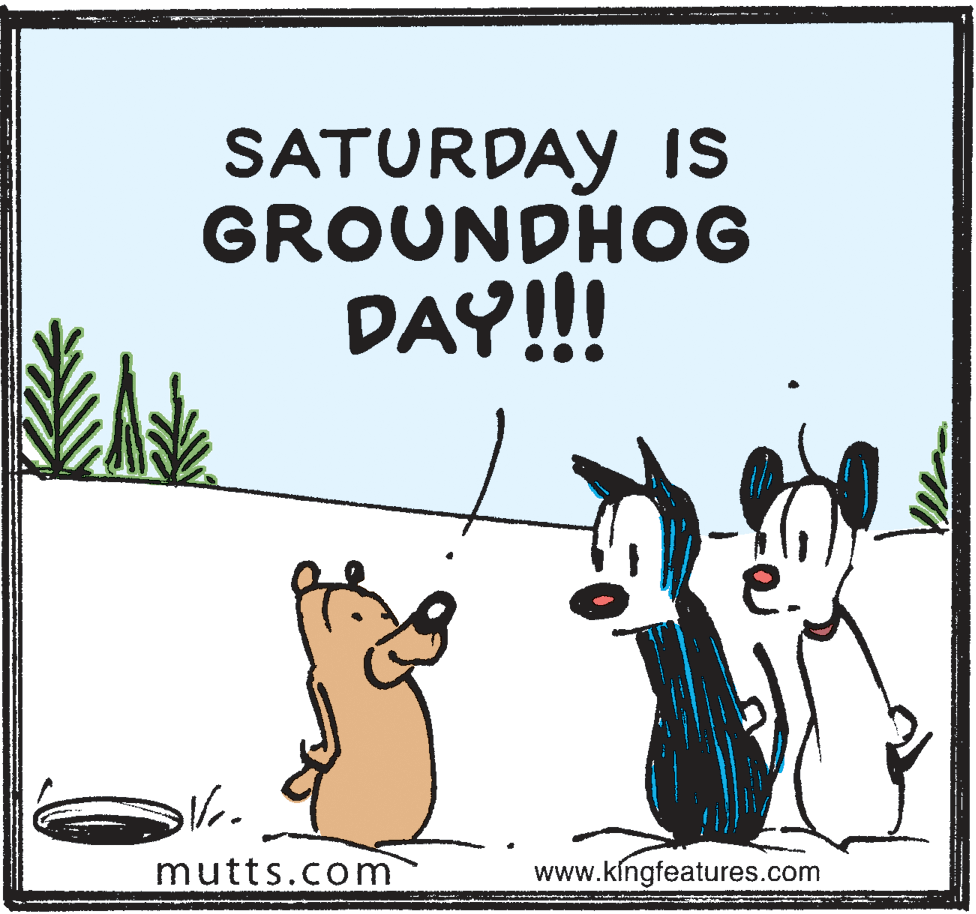 Picture frame OCR: SATURDAY IS GROUNDHOG DAY!! mutts.com www.kingfeatures.com SATURDAY IS GROUNDHOG DAY!! mutts.com www.kingfeatures.com