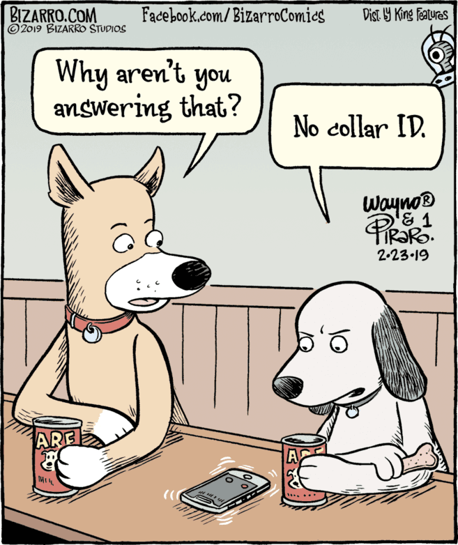 Cartoon OCR: BIZARRO.COM © 2019 BIZARRO STUDIOS Facebook.com/BizarroComics Dist Y King Fatures Why aren't you answering that? No collar ID. Wayno® 2.23.19 ARE A 1..... BIZARRO.COM © 2019 BIZARRO STUDIOS Facebook.com/BizarroComics Dist Y King Fatures Why aren't you answering that? No collar ID. Wayno® 2.23.19 ARE A 1.....