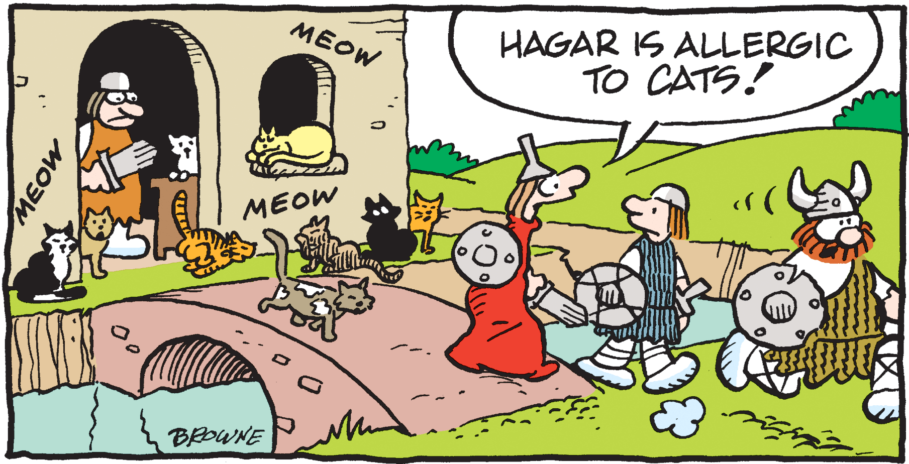 Animated cartoon OCR: HAGAR IS ALLERGIC TO CATS! MEOW MEOW BEOWNE MOEW HAGAR IS ALLERGIC TO CATS! MEOW MEOW BEOWNE MOEW