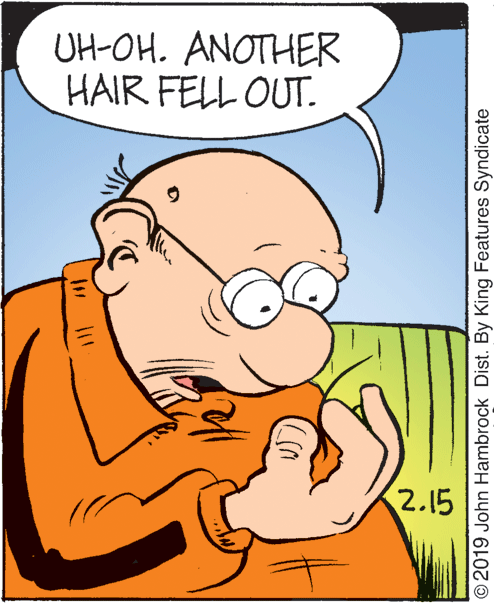 Art OCR: UH-OH. ANOTHER HAIR FELL OUT. 2.15 © 2019 John Hambrock Dist. By King Features Syndicate UH-OH. ANOTHER HAIR FELL OUT. 2.15 © 2019 John Hambrock Dist. By King Features Syndicate