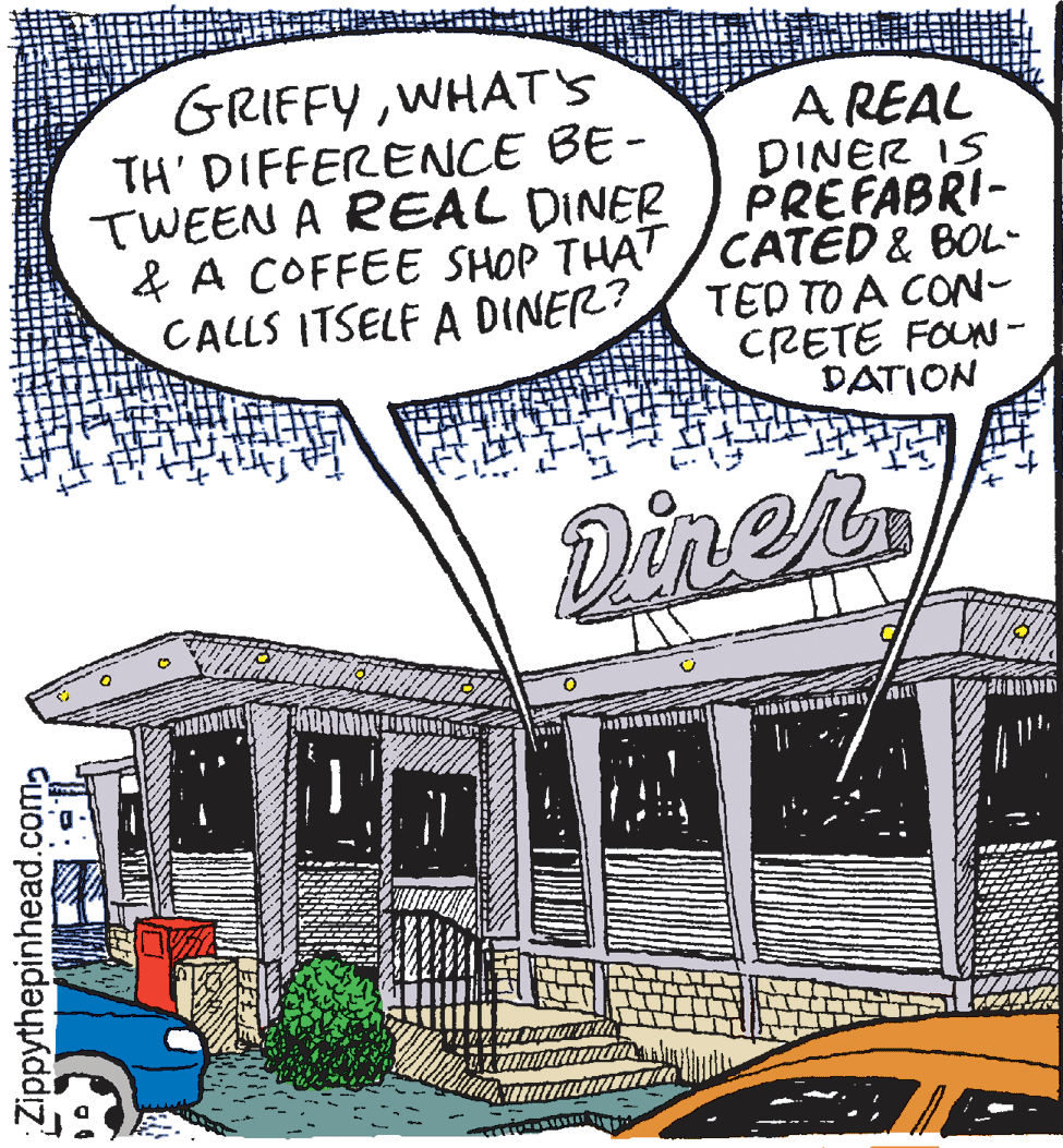 Parallel OCR: GRIFFYWHAT's TH' DIFFERENCE BE - TWEEN A REAL DINER A REAL DINER IS PREFABRI- & A COFFEE SHOP THAT /CATED& BOL- TED TO A CON- CRETE FOUN - DATION CALLS ITSELE A DINER? Diner Zippythepinhead.comWHAT's TH' DIFFERENCE BE - TWEEN A REAL DINER A REAL DINER IS PREFABRI- & A COFFEE SHOP THAT /CATED& BOL- TED TO A CON- CRETE FOUN - DATION CALLS ITSELE A DINER? Diner Zippythepinhead.com