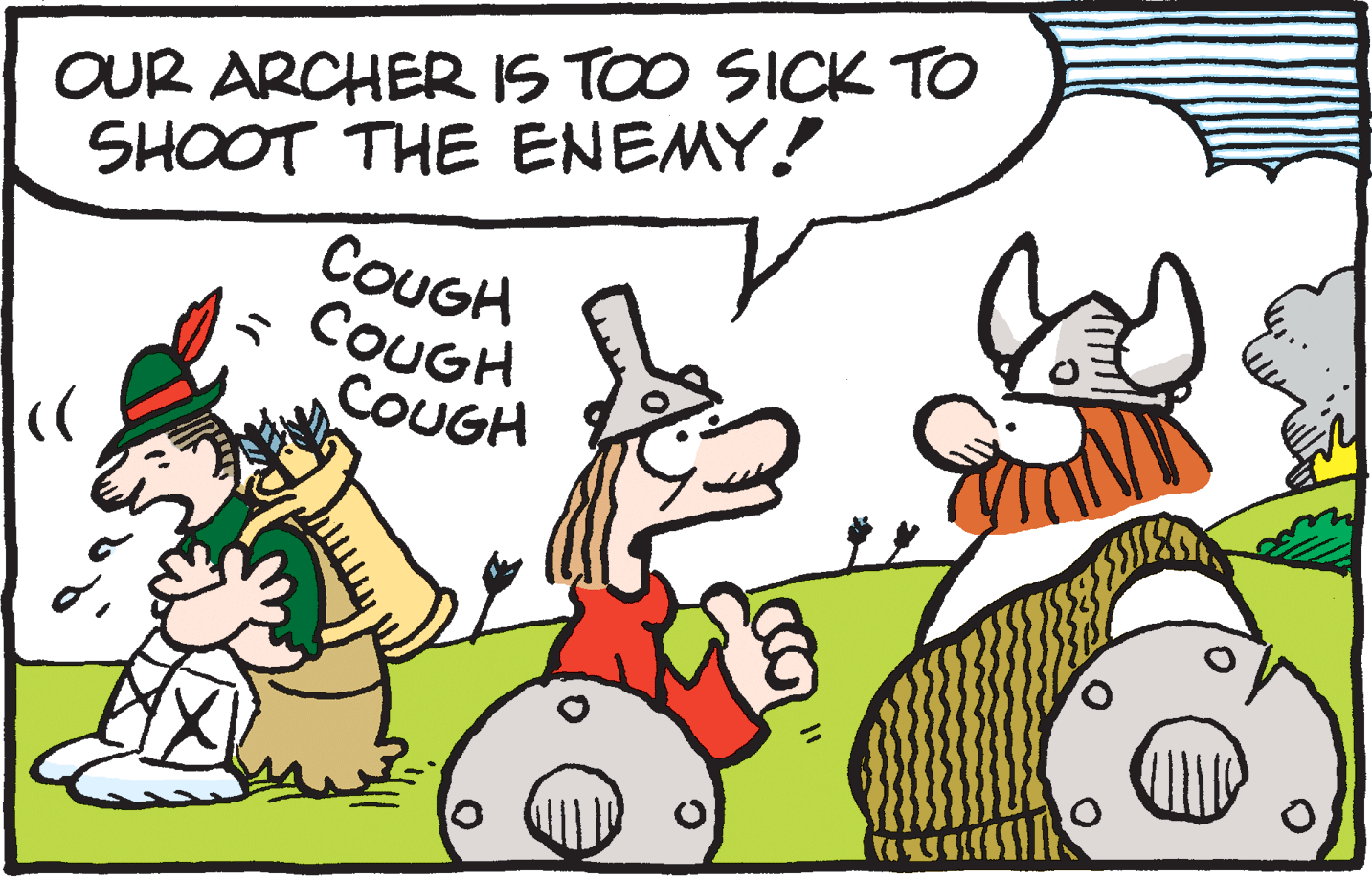 Animated cartoon OCR: OUR ARCHER IS TOO SICK TO SHOOT THE ENEMY! COUGH COUGH COUGH OUR ARCHER IS TOO SICK TO SHOOT THE ENEMY! COUGH COUGH COUGH