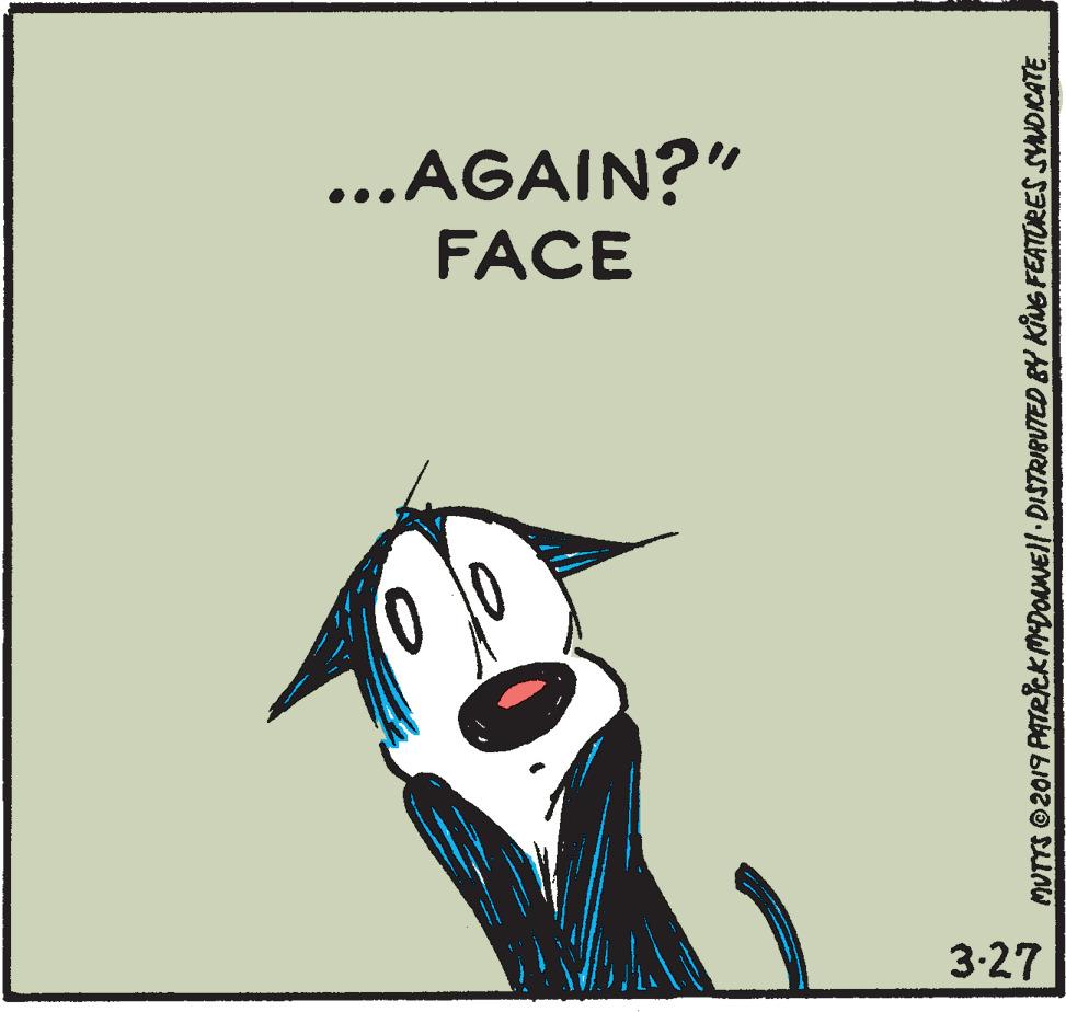 Illustration OCR: ...AGAIN?" FACE 3-27 MUTTS 2019 PATRICK MDONNEll DISTRIBUTED BY KING FEATURES SYNDICATE ...AGAIN?" FACE 3-27 MUTTS 2019 PATRICK MDONNEll DISTRIBUTED BY KING FEATURES SYNDICATE