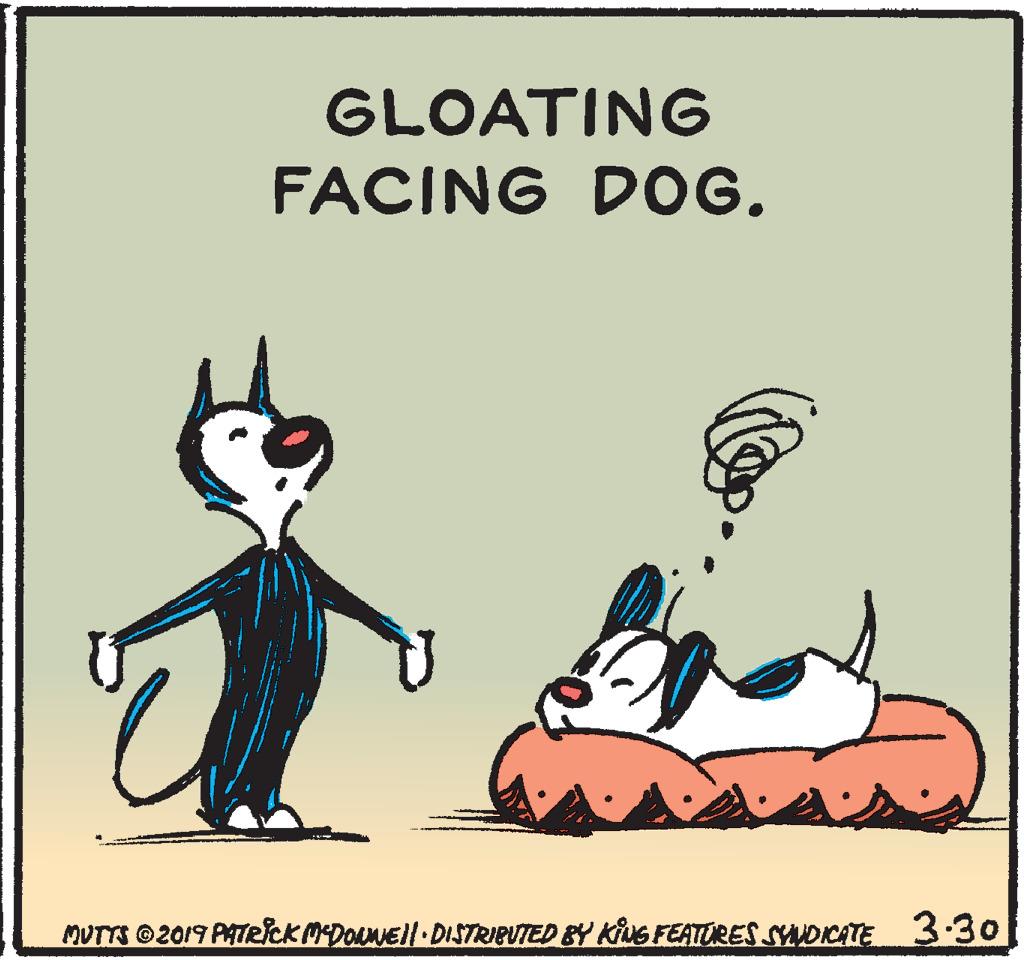 Event OCR: GLOATING FACING DOG. MUTTS ©2019 PATRICKMDONEII DISTRIBUTED BY KiNG FEATURES SADICATE 3:30 GLOATING FACING DOG. MUTTS ©2019 PATRICKMDONEII DISTRIBUTED BY KiNG FEATURES SADICATE 3:30