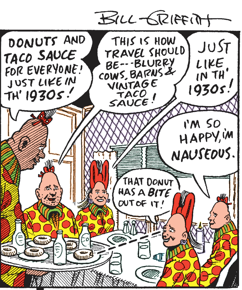 Parallel OCR: Bicc GRIFFit DONUTS AND TACO SAUCE FOR EVERYONE! JUST LIKE IN TH' 1930s! THIS IS HOW TRAVEL SHOULD) JUST BE---BLURRY COWSBARNS& VINTAGE TACO SAUCE: LIKE IN TH' 1930s! I'M SO HAPPYiM NAUSEDUS. THAT DONUT HAS A BITE OUT OF IT! Bicc GRIFFit DONUTS AND TACO SAUCE FOR EVERYONE! JUST LIKE IN TH' 1930s! THIS IS HOW TRAVEL SHOULD) JUST BE---BLURRY COWSBARNS& VINTAGE TACO SAUCE: LIKE IN TH' 1930s! I'M SO HAPPYiM NAUSEDUS. THAT DONUT HAS A BITE OUT OF IT!