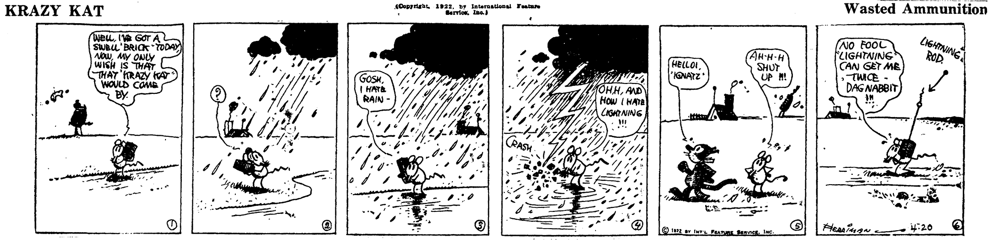 Pattern OCR: Wasted Ammunition (Oggrias 1932by laternational Tata Berrie. lae KRAZY KAT LIGHTNING ROD WeuIe GOT A SwBu'BRICKTODAY NOWMY ONLY (NO FOOL LIGHTNING CAN GET ME TWICE DAG NABBIT (AH-H-H SHUT HELLOI KONATZ THAT KRAZY KA WOULD COME GOSH. | HATA RAIN HL SÍ HSIM OHHAND How I HATa LIGNINING Aeaa ? 20 Perl Wasted Ammunition (Oggrias 1932by laternational Tata Berrie. lae KRAZY KAT LIGHTNING ROD WeuIe GOT A SwBu'BRICKTODAY NOWMY ONLY (NO FOOL LIGHTNING CAN GET ME TWICE DAG NABBIT (AH-H-H SHUT HELLOI KONATZ THAT KRAZY KA WOULD COME GOSH. | HATA RAIN HL SÍ HSIM OHHAND How I HATa LIGNINING Aeaa ? 20 Per