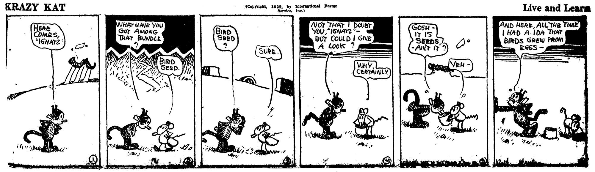 Drawing OCR: KRAZY KAT Cepyriaht 1939. by Internatiomal Featue Bervirelne. Live and Learn HERE COMBSIGNATZ WHAT HAVE YOU Gor AMONG THAT BUNDLE NOT THAT I DOvar YouIGNATZ- BUT COULDI GIVE A Look ? GOSH - IT IS SEEDS -AINT IT AND HEREAL THE TIME I HAD A. ÍDA THAT BIRDS GREW FROM EGES - BIRD SBED SURB t BIRD A SEED. VAH WHY (CERTAINLY KRAZY KAT Cepyriaht 1939. by Internatiomal Featue Bervirelne. Live and Learn HERE COMBSIGNATZ WHAT HAVE YOU Gor AMONG THAT BUNDLE NOT THAT I DOvar YouIGNATZ- BUT COULDI GIVE A Look ? GOSH - IT IS SEEDS -AINT IT AND HEREAL THE TIME I HAD A. ÍDA THAT BIRDS GREW FROM EGES - BIRD SBED SURB t BIRD A SEED. VAH WHY (CERTAINLY