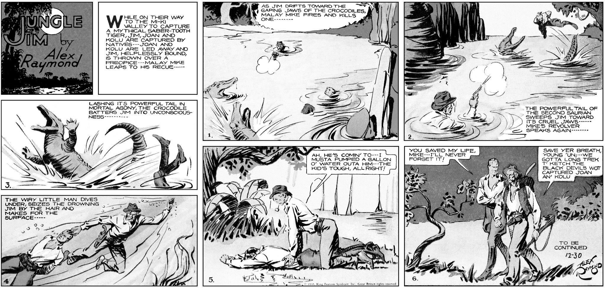 Publication OCR: UNGLE IM by Alex Raymond WHILE ON THEIR WAY TO THE MI-KI VALLEY TO CAPTURE A MYTHICAL SABER-TOOTH TIGERJOAN AND KOLU ARE CAPTURED BY NATIVES-JOAN AND KOLU ARE LED AWAY AND JIMIS THROWN OVERA PRECIPICE-MALAY MIKE LEAPS TO HIS RECUE------ AS JIM DRIFTS TOWARD THE GAPING JAWS OF THE CROCODILESMALAY MIKE FIRES AND KILLS ONE- LASHING ITS POWERFUL TAIL IN MORTAL AGONYTHE CROCODILE BATTERS JIM INTO UNCONSCIOUS- NESS- 3. THE WIRY LITTLE MAN DIVES UNDERSEIZES THE DROWNING JIM BY THE HAIR AND MAKES FOR THE SURFACE----- 5. THE POWERFUL TAIL OF THE SECOND SAURIAN SWEEPS JIM TOWARD ITS CRUEL JAWS- MIKE'S REVOLVER SPEAKS AGAIN AHHE'S COMIN' TO--- I MUSTA PUMPED A GALLON O' WATER OUTA HIM---THE KID'S TOUGHALL RIGHT! 2. YOU SAVED MY LIFEMIKE I'LL NEVER FORGET IT! SAVE YER BREATHYOUNG 'UN--WE GOTTA LONG TREK T KETCH THE BLACK DEVILS WOT CAPTURED JOAN AN' KOLU 1935Great Britain nghts reserved TO BE CONTINUED 12-30 ALEX UNGLE IM by Alex Raymond WHILE ON THEIR WAY TO THE MI - KI VALLEY TO CAPTURE A MYTHICAL SABER - TOOTH TIGERJOAN AND KOLU ARE CAPTURED BY NATIVES - JOAN AND KOLU ARE LED AWAY AND JIMHELPLESSLY BOUNDIS THROWN OVERA PRECIPICE - MALAY MIKE LEAPS TO HIS RECUE ------ AS JIM DRIFTS TOWARD THE GAPING JAWS OF THE CROCODILESMALAY MIKE FIRES AND KILLS ONE- LASHING ITS POWERFUL TAIL IN MORTAL AGONYTHE CROCODILE BATTERS JIM INTO UNCONSCIOUS- NESS- 3 . THE WIRY LITTLE MAN DIVES UNDERSEIZES THE DROWNING JIM BY THE HAIR AND MAKES FOR THE SURFACE ----- 5 . THE POWERFUL TAIL OF THE SECOND SAURIAN SWEEPS JIM TOWARD ITS CRUEL JAWS- MIKE'S REVOLVER SPEAKS AGAIN AHHE'S COMIN ' TO --- I MUSTA PUMPED A GALLON O ' WATER OUTA HIM --- THE KID'S TOUGHALL RIGHT ! 2 . YOU SAVED MY LIFEMIKE I'LL NEVER FORGET IT ! SAVE YER BREATHYOUNG ' UN -- WE GOTTA LONG TREK T KETCH THE BLACK DEVILS WOT CAPTURED JOAN AN ' KOLU 1935King Features SyndicateGreat Britain nghts reserved TO BE CONTINUED 12-30 ALEX