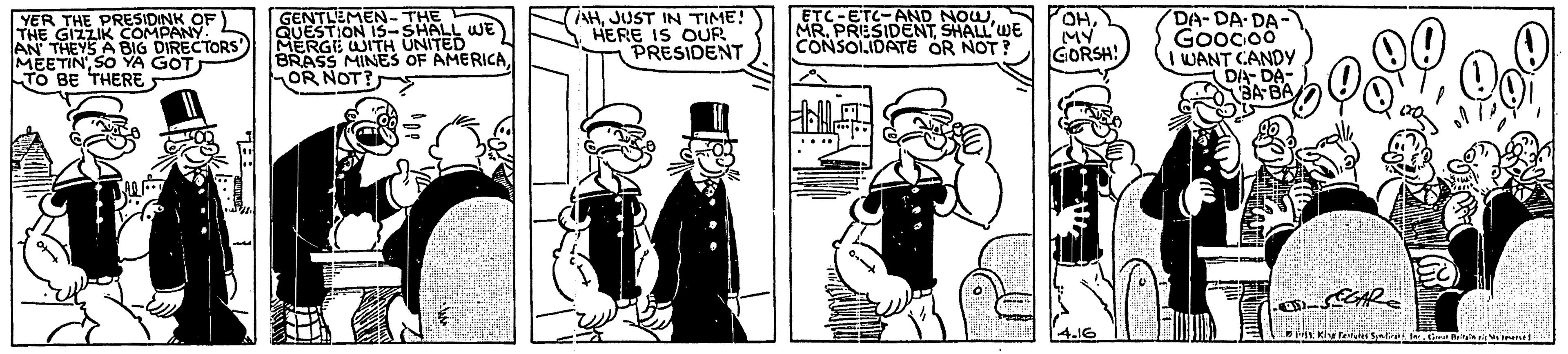 Illustration OCR: YER THE PRESIDINK OF THE GIZZIK COMPANY AN THEYS A BIG DIRECTORS GENTLEMEN- THE QUESTION IS-SHALL WE MERGE WITH UNITED BRASS MINES OF AMERICAOR NOT? AHJUST IN TIME! HERE IS OUR PRESIDENT ETC-ETC-AND NOWSHALL'WE CONSOLIDATE OR NOT DA-DA DA- Goocoo WANT CANDY DA- DA- BA BA HGORSH! TO BE THERE; YER THE PRESIDINK OF THE GIZZIK COMPANY AN THEYS A BIG DIRECTORS GENTLEMEN- THE QUESTION IS-SHALL WE MERGE WITH UNITED BRASS MINES OF AMERICAOR NOT? AHJUST IN TIME! HERE IS OUR PRESIDENT ETC-ETC-AND NOWSHALL'WE CONSOLIDATE OR NOT DA-DA DA- Goocoo WANT CANDY DA- DA- BA BA HGORSH! TO BE THERE;