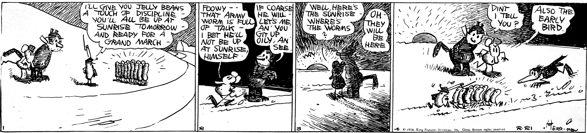 Fictional character OCR: IF COARSE WEuHERE's HE WIL I'LL GIVE YOU JELLY BBANS A TOUCH OF DISCIPLINE YOU'LL ALL BE UP AT SUNRISE TOMORROW AND READY FOR A Y GRAND MARCH FOowy - - FOOWY. THAT ARMY WORM IS FUu LETS ME OP TALK - I BET HE'LL NOT BE UP AT SUNRISEHIMSELF THE SUNRISE WHERES THE WORMS HO THEY WIL DINT TELL You ? ALSO THE EARLY BIRD. AN' YOU GIT UP õiLyAN SEE HERE ? ? 6 Kang Petate Seaat In Gra Bntan nght iterhee RRI IF COARSE WEuHERE's HE WIL I'LL GIVE YOU JELLY BBANS A TOUCH OF DISCIPLINE YOU'LL ALL BE UP AT SUNRISE TOMORROW AND READY FOR A Y GRAND MARCH FOowy - - FOOWY. THAT ARMY WORM IS FUu LETS ME OP TALK - I BET HE'LL NOT BE UP AT SUNRISEHIMSELF THE SUNRISE WHERES THE WORMS HO THEY WIL DINT TELL You ? ALSO THE EARLY BIRD. AN' YOU GIT UP õiLyAN SEE HERE ? ? 6 Kang Petate Seaat In Gra Bntan nght iterhee RRI