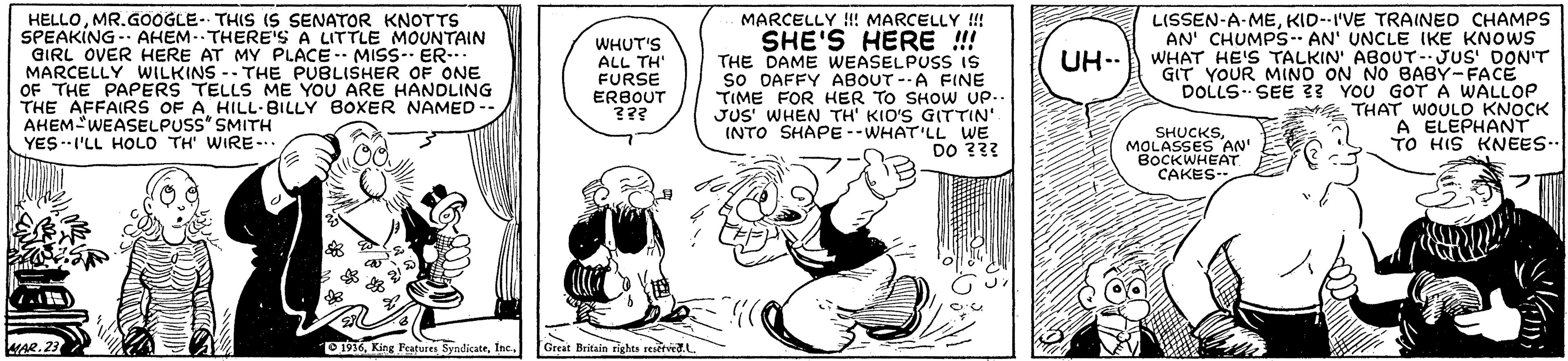 Line art OCR: HELLOMR.GOOGLE. THIS (S SENATOR KNOTTS SPEAKING - AHEM-. THERES A LITTLE MOUNTAIN GIRL OVER HERE AT MY PLACE -- MISS- ER MARCELLY WILKINS -- THE PUBLISHER OF ONE OF THE PAPERS TELLS ME YOU ARE HANDLING THE AFFAIRS OF A HILL-BILLY BOXER NAMED- AHEM WEASELPUSS" SMITH MARCELLY !! MARCELLY !! SHE'S HERE !! THE DAME WEASELPUSS IS so DAFFY ABOUT --A FINE TIME FOR HER TO SHOW UP.. JUS' WHEN TH' KIO'S GITTIN' INTO SHAPE --WHAT'LL WE DO ??? LISSEN-A-MEKID--I'VE TRAINED CHAMPS AN' CHUMPS-- AN' UNCLE IKE KNOWS UH-. WHAT HE'S TALKIN' ABOUT- JUS' DON'T GIT YOUR MINO ON NO BABY-FACE DOLLS SEE ?? YOU GOT A WALLOP THAT WOULD KNOCK A ELEPHANT TO HIS KNEES.. WHUT'S ALL TH" FURSE ERBOUT SHUCKS. MOLASSES AN' YES--I'LL HOLO TH' WIRE-.. WAR. 23 1916Inc. Great Britain righta resetved HELLOMR.GOOGLE. THIS (S SENATOR KNOTTS SPEAKING - AHEM-. THERES A LITTLE MOUNTAIN GIRL OVER HERE AT MY PLACE -- MISS- ER MARCELLY WILKINS -- THE PUBLISHER OF ONE OF THE PAPERS TELLS ME YOU ARE HANDLING THE AFFAIRS OF A HILL-BILLY BOXER NAMED- AHEM WEASELPUSS" SMITH MARCELLY !! MARCELLY !! SHE'S HERE !! THE DAME WEASELPUSS IS so DAFFY ABOUT --A FINE TIME FOR HER TO SHOW UP.. JUS' WHEN TH' KIO'S GITTIN' INTO SHAPE --WHAT'LL WE DO ??? LISSEN-A-MEKID--I'VE TRAINED CHAMPS AN' CHUMPS-- AN' UNCLE IKE KNOWS UH-. WHAT HE'S TALKIN' ABOUT- JUS' DON'T GIT YOUR MINO ON NO BABY-FACE DOLLS SEE ?? YOU GOT A WALLOP THAT WOULD KNOCK A ELEPHANT TO HIS KNEES.. WHUT'S ALL TH" FURSE ERBOUT SHUCKS. MOLASSES AN' YES--I'LL HOLO TH' WIRE-.. WAR. 23 1916King Peatures SyndicateInc. Great Britain righta resetved