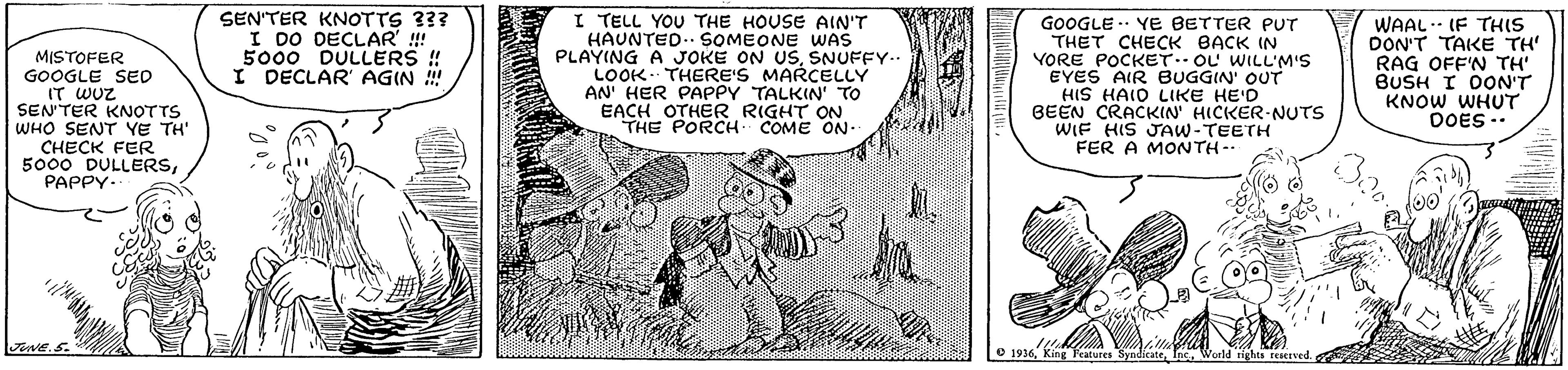 Font OCR: MISTOFER GOOGLE SED IT WUZ SEN'TER KNOTTS WHO SENT YE TH' CHECK FER 5000 DULLERSPAPPY- SEN'TER KNOTTS 333 I DO DECLAR ! 5000 DULLERS ! I DECLAR AGIN ! I TELL YOU THE HOUSE AIN'T HAUNTED. SOMEONE WAs PLAYING A JOKE ON USSNUFFY- LOOK THERE'S MARCELLY AN HER PAPPY TALKIN' TO EACH OTHER RIGHT ON THE PORCH COME ON GOOGLE .. YE BETTER PUT THET CHECK BACK IN VORE POCKET. OL WILL'M'S EYES AIR BUGGIN' OUT HIS HAIO LIKE HE'D BEEN CRACKIN HICKER-NUTS WIF HIS JAW-TEETH FER A MONTH-. WAAL .. IF THIS DON'T TAKE TH' RAG OFF'N TH' BUSH I DON'T KNOW WHT DOES.. 1936Inc. MISTOFER GOOGLE SED IT WUZ SEN'TER KNOTTS WHO SENT YE TH' CHECK FER 5000 DULLERSPAPPY- SEN'TER KNOTTS 333 I DO DECLAR ! 5000 DULLERS ! I DECLAR AGIN ! I TELL YOU THE HOUSE AIN'T HAUNTED. SOMEONE WAs PLAYING A JOKE ON USSNUFFY- LOOK THERE'S MARCELLY AN HER PAPPY TALKIN' TO EACH OTHER RIGHT ON THE PORCH COME ON GOOGLE .. YE BETTER PUT THET CHECK BACK IN VORE POCKET. OL WILL'M'S EYES AIR BUGGIN' OUT HIS HAIO LIKE HE'D BEEN CRACKIN HICKER-NUTS WIF HIS JAW-TEETH FER A MONTH-. WAAL .. IF THIS DON'T TAKE TH' RAG OFF'N TH' BUSH I DON'T KNOW WHT DOES.. 1936king eatures Syicate
