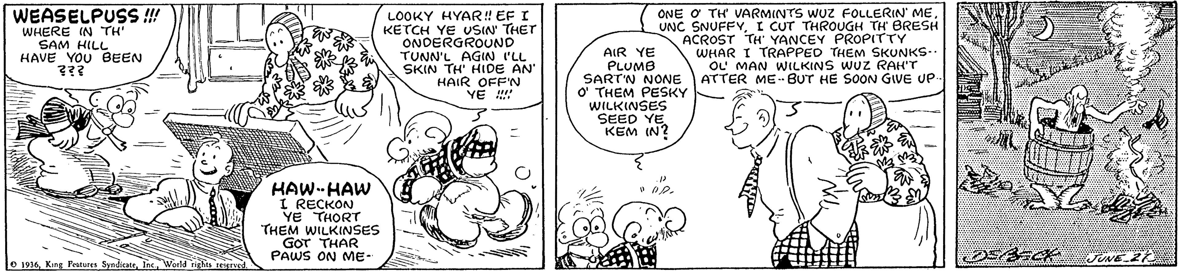 Mammal OCR: WEASELPUSS !! WHERE IN TH' SAM HILL HAVE YOU BEEN ??? LOOKY HYAR! EF I KETCH YE USIN' THET ONDERGROUND TUNN'L AGIN I'LL SKIN TH' HIDE AN HAIR OFF'N YE !! AIR YE PLUMB SART'N NONE O' THEM PESKY WILKINSES SEED YEKEM IN? ONE O TH VARMINTS WUZ FOLLERIN' MEI CUT THROUGH TH BRESH ACROST TH' YANCEY PROPITTY WHAR I TRAPPED THEM SKUNKS. OL MAN WILKINS WUZ RAH'T ATTER ME-BUT HE SOON GIVE UP HAW-HAW I RECKON YE THORT THEM WILKINSES GOT THAR PAWS ON ME- O 1936World rights tesgrved WEASELPUSS !! WHERE IN TH' SAM HILL HAVE YOU BEEN ??? LOOKY HYAR! EF I KETCH YE USIN' THET ONDERGROUND TUNN'L AGIN I'LL SKIN TH' HIDE AN HAIR OFF'N YE !! AIR YE PLUMB SART'N NONE O' THEM PESKY WILKINSES SEED YEKEM IN? ONE O TH VARMINTS WUZ FOLLERIN' MEUNC SNUFFYI CUT THROUGH TH BRESH ACROST TH' YANCEY PROPITTY WHAR I TRAPPED THEM SKUNKS. OL MAN WILKINS WUZ RAH'T ATTER ME-BUT HE SOON GIVE UP HAW-HAW I RECKON YE THORT THEM WILKINSES GOT THAR PAWS ON ME- O 1936King Peotures SyndicateWorld rights tesgrved