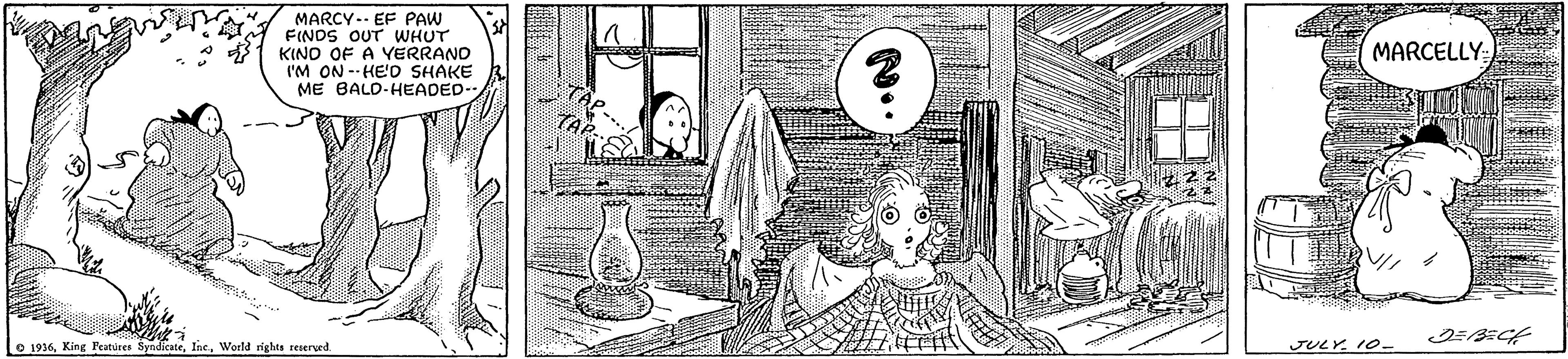Printmaking OCR: MARCY-- EF PAW FINDS OUT WHUT KINO OF A YERRAND I'M ON--HE'D SHAKE ME BALD-HEADED- MARCELLY: To 1936World rights reserued. JULY. 10- MARCY-- EF PAW FINDS OUT WHUT KINO OF A YERRAND I'M ON--HE'D SHAKE ME BALD-HEADED- MARCELLY: To 1936King Features SyndicateWorld rights reserued. JULY. 10-