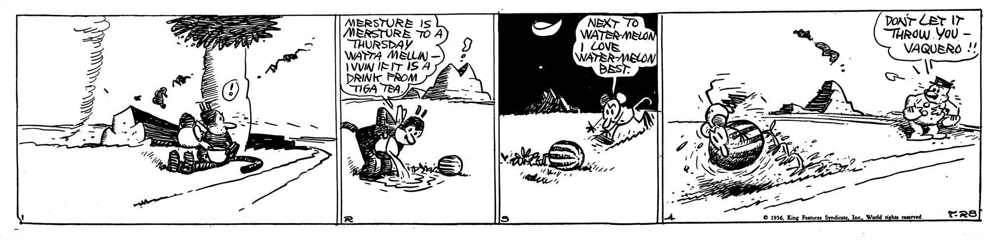 Drawing OCR: MERSTURE TO A) THURSDAY WAYTA MELLA- I VUW IEIT ISA DRINK PROM TIGA TEAE NEXT TO WATER-MELON I LOVE WATER-MELON BEST. DONT LET IT THROW YoU - VAQUERO ! O 1914Ine. Weeld ured MERSTURE TO A) THURSDAY WAYTA MELLA- I VUW IEIT ISA DRINK PROM TIGA TEAE NEXT TO WATER-MELON I LOVE WATER-MELON BEST. DONT LET IT THROW YoU - VAQUERO ! O 1914King Fature bedisIne. Weeld ured