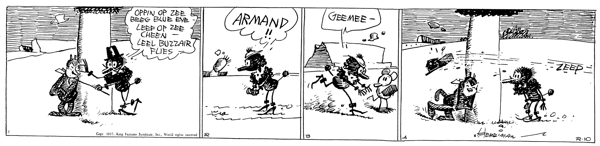 Illustration OCR: OPPIN OP ZBE BEEG BLUE EYE LEEF OP ZEE CHEEN LEEL BUZZAIR FLIES GEEMEE (ARMAND R-1O CapWerié ste ed OPPIN OP ZBE BEEG BLUE EYE LEEF OP ZEE CHEEN LEEL BUZZAIR FLIES GEEMEE (ARMAND R-1O CapKng tatu Syndcue. IncWerié ste ed