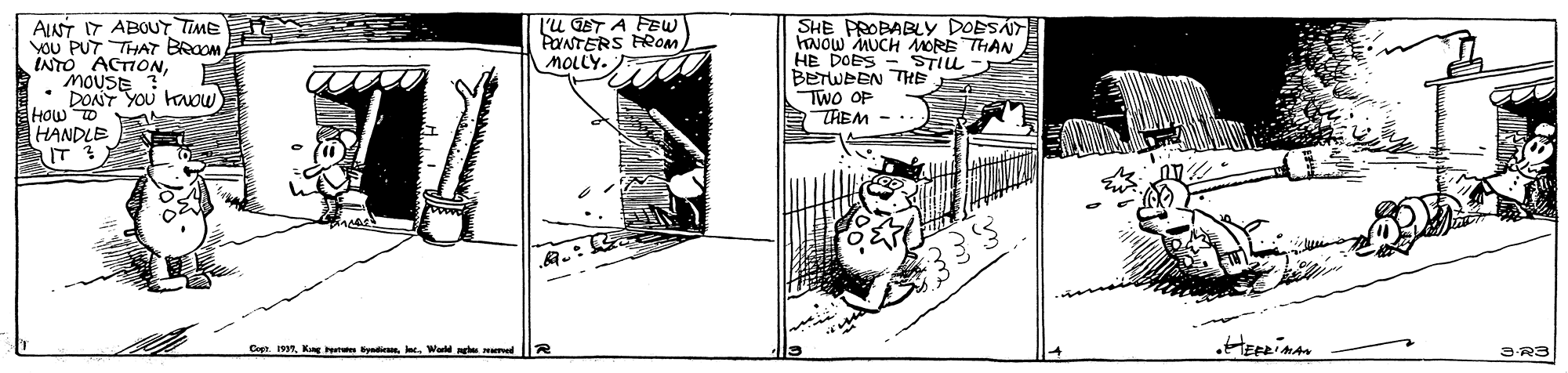 Drawing OCR: L'U GET A FEw PONTERS FROM MOLLY. AINT I7 ABOUT TIME YOU PUT THAT BROOM INTO ACIONMOUSE ? • DONT YOU hauow HOw D SHE PROBABLY DOESÁT HNOW MUCH MORE THAN HE DOES BETWEEN THE TwO OF THEM - STIL HANDLE Copr. 1991Wald 3-R3 L'U GET A FEw PONTERS FROM MOLLY. AINT I7 ABOUT TIME YOU PUT THAT BROOM INTO ACIONMOUSE ? • DONT YOU hauow HOw D SHE PROBABLY DOESÁT HNOW MUCH MORE THAN HE DOES BETWEEN THE TwO OF THEM - STIL HANDLE Copr. 1991Kng ydiWald 3-R3