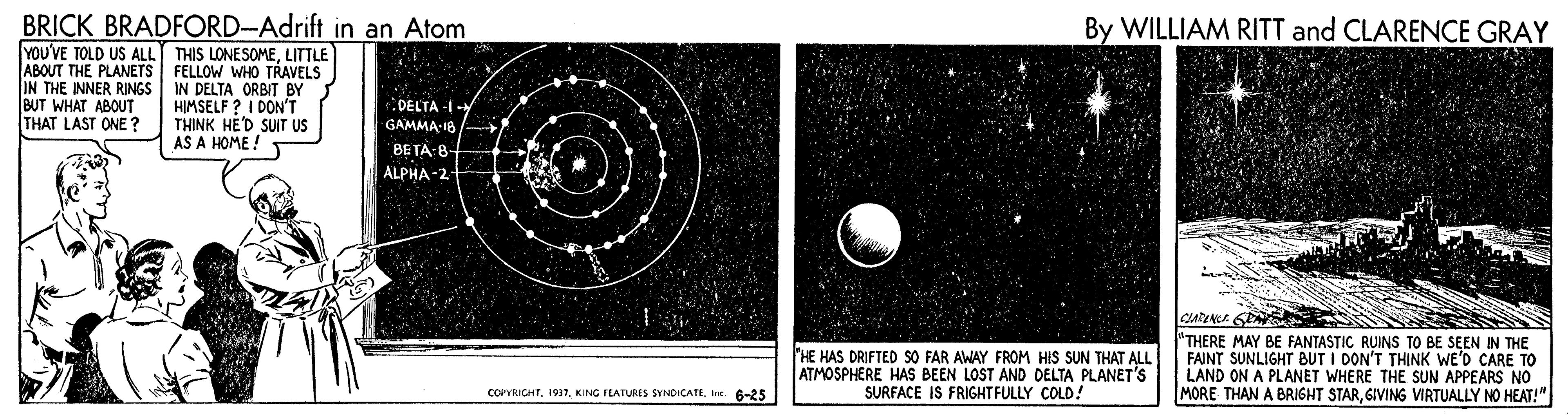 Stock photography OCR: BRICK BRADFORD-Adrift in an Atom YOU'VE TOLD US ALL THIS LONESOMELITTLE By WILLIAM RITT and CLARENCE GRAY ABOUT THE PLANETS FELLOW WHO TRAVELS IN THE INNER RINGS BUT WHAT ABOUT THAT LAST ONE ? IN DELTA ORBIT BY HIMSELF ? I DONT THINK HE'D SUIT US AS A HOME ! OELTA-I- GAMMA-18 /- BETA-8 ALPHA-2- HE HAS DRIFTED SO FAR AWAY FROM HIS SUN THAT ALL ATMOSPHERE HAS BEEN LOST AND DELTA PLANET'S SURFACE IS FRIGHTFULLY COLD! CIARINLE GEA "THERE MAY BE FANTASTIC RUINS TO BE SEEN IN THE FAINT SUNLIGHT BUT I DON'T THINK WE'D CARE TO LAND ON A PLANET WHERE THE SUN APPEARS NO MORE THAN A BRIGHT STARGIVING VIRTUALLY NO HEAT!" COPYRICHTInc. 6-25 BRICK BRADFORD-Adrift in an Atom YOU'VE TOLD US ALL THIS LONESOMELITTLE By WILLIAM RITT and CLARENCE GRAY ABOUT THE PLANETS FELLOW WHO TRAVELS IN THE INNER RINGS BUT WHAT ABOUT THAT LAST ONE ? IN DELTA ORBIT BY HIMSELF ? I DONT THINK HE'D SUIT US AS A HOME ! OELTA-I- GAMMA-18 /- BETA-8 ALPHA-2- HE HAS DRIFTED SO FAR AWAY FROM HIS SUN THAT ALL ATMOSPHERE HAS BEEN LOST AND DELTA PLANET'S SURFACE IS FRIGHTFULLY COLD! CIARINLE GEA "THERE MAY BE FANTASTIC RUINS TO BE SEEN IN THE FAINT SUNLIGHT BUT I DON'T THINK WE'D CARE TO LAND ON A PLANET WHERE THE SUN APPEARS NO MORE THAN A BRIGHT STARGIVING VIRTUALLY NO HEAT!" COPYRICHTKING FLATURES SYNDICATEInc. 6-25