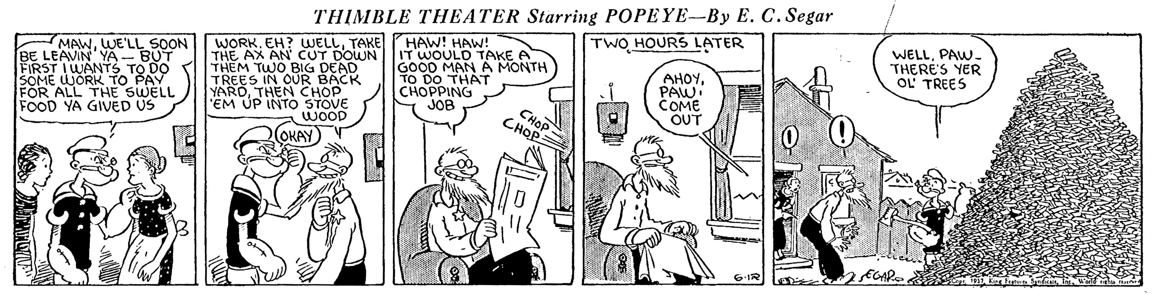Comic book OCR: THIMBLE THEATER Starring POPEYE-By E. C. Segar WORKTAKE THE AX AN CUT DOWN THEM TWO BIG DEAD TREES IN OUR BACK YAROTHEN CHOP EM ÚP INTO STOVE WOOD TWO HOURS LATER MAWWE'LL SOON BE LEAVIN' YA- BUT FIRST IWANTS TO DO ALL THE SWELL HAW! HAW! IT WOULD TAKE A GOOD MAN A MONTH TO DO THAT CHOPPING JOB AHOYPAWI COME OUT WELLPAW- THERE'S YER OL TREES FOR FOOD YA GIVED US CHOP CHOP OKAY 6-IR THIMBLE THEATER Starring POPEYE-By E. C. Segar WORKEH? WELLTAKE THE AX AN CUT DOWN THEM TWO BIG DEAD TREES IN OUR BACK YAROTHEN CHOP EM ÚP INTO STOVE WOOD TWO HOURS LATER MAWWE'LL SOON BE LEAVIN' YA- BUT FIRST IWANTS TO DO ALL THE SWELL HAW! HAW! IT WOULD TAKE A GOOD MAN A MONTH TO DO THAT CHOPPING JOB AHOYPAWI COME OUT WELLPAW- THERE'S YER OL TREES FOR FOOD YA GIVED US CHOP CHOP OKAY 6-IR