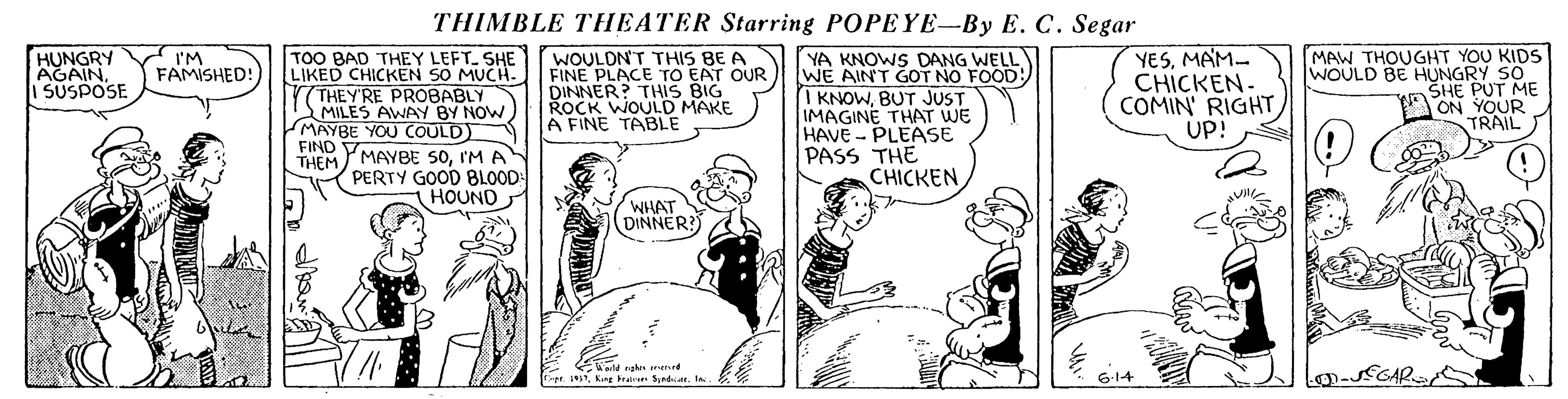Sharing OCR: THIMBLE THEATER Starring POPEYE-By E. C. Segar HUNGRY AGAINI SUSPOSE WOULDN'T THIS BE A FINE PLACE TO EAT OUR DINNER? THIS BIG ROCK WOULD MAKE A FINE TABLE YA KNOWS DANG WELL WE AIN'T GOT NO FOOD: I KNOWBUT JUST IMAGINE THAT WE HAVE- YESMAM- CHICKEN- COMIN' RIGHT Up! MAW THOUGHT YOU KIDS WOULD BE HUNGRY SO SHE PUT ME ON YOUR TRAIL I'M FAMISHED! TOO BAD THEY LEFT SHE LIKED CHICKEN SO MUCH. THEY'RE PROBABLY MILES AWAY BY NOW MAYBE YOU COULD) FIND YMAYBE SOIM A THEM PERTY GOOD BLOOD PLEASE PASS THE CHICKEN HOUND WHAT DINNER? Wald eghn eund t. 1King kn Syndicar. In. 6-14 EGAR THIMBLE THEATER Starring POPEYE-By E. C. Segar HUNGRY AGAINI SUSPOSE WOULDN'T THIS BE A FINE PLACE TO EAT OUR DINNER? THIS BIG ROCK WOULD MAKE A FINE TABLE YA KNOWS DANG WELL WE AIN'T GOT NO FOOD: I KNOWBUT JUST IMAGINE THAT WE HAVE- YESMAM- CHICKEN- COMIN' RIGHT Up! MAW THOUGHT YOU KIDS WOULD BE HUNGRY SO SHE PUT ME ON YOUR TRAIL I'M FAMISHED! TOO BAD THEY LEFT SHE LIKED CHICKEN SO MUCH. THEY'RE PROBABLY MILES AWAY BY NOW MAYBE YOU COULD) FIND YMAYBE SOIM A THEM PERTY GOOD BLOOD PLEASE PASS THE CHICKEN HOUND WHAT DINNER? Wald eghn eund t. 1King kn Syndicar. In. 6-14 EGAR