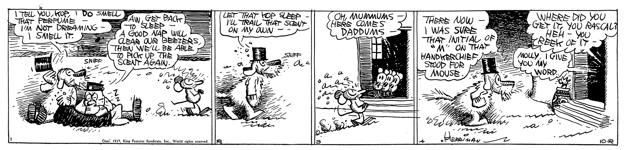 Line art OCR: I TEL YOUKOP I DO SMEL THAT PERPUME 'M NOT DRSAMING | SMELL IT. LET THAT HOp SLEEP l'U TRAIL THAT SCEUT ON MY OWN - OHMUMMUMS (HERE COMES DADDUMS AwGEr BAC TO SLEEP A GOOD NÅP WIL QEAR OUR BEEZERS THEN WE'LL BE ABLE TO PiCk UP THE ŠCENT AGAIN. THERE NOW I WAS SVRE THAT INITIAL OF "M" ON THAY HANDHERCHIEF STOOD FOR MOUSE. WHERE DID YOU GET ITYOU RASCAL HEH- YOU REEK OF TY MOLYI GIVE YOU My WORD SNIFF SNIFF ?? un a EARIMAN Capr. 1917Werld righ erved. 10-R I TEL YOUKOP I DO SMEL THAT PERPUME 'M NOT DRSAMING | SMELL IT. LET THAT HOp SLEEP l'U TRAIL THAT SCEUT ON MY OWN - OHMUMMUMS (HERE COMES DADDUMS AwGEr BAC TO SLEEP A GOOD NÅP WIL QEAR OUR BEEZERS THEN WE'LL BE ABLE TO PiCk UP THE ŠCENT AGAIN. THERE NOW I WAS SVRE THAT INITIAL OF "M" ON THAY HANDHERCHIEF STOOD FOR MOUSE. WHERE DID YOU GET ITYOU RASCAL HEH- YOU REEK OF TY MOLYI GIVE YOU My WORD SNIFF SNIFF ?? un a EARIMAN Capr. 1917King Festures SpnntWerld righ erved. 10-R