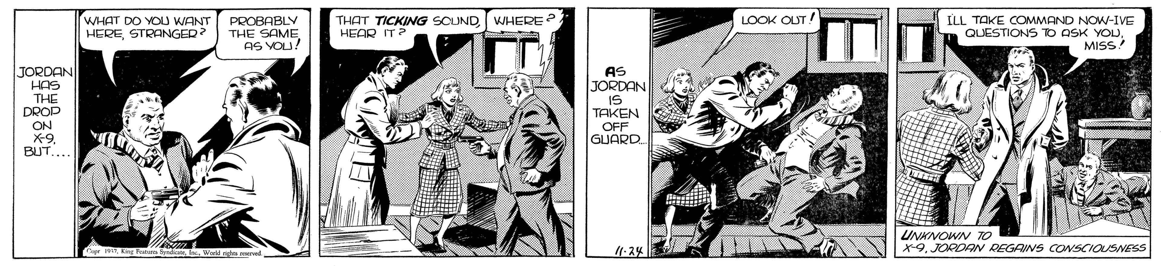 Comic book OCR: LOOK OUT ! WHAT DO YOU WANT HERESTRANGED? PROBABLY THE SAME AS VOU! THAT TICKING SOUNDWHERE HEAR IT? ILL TAKE COMMAND NOW-IVE QUESTIONS TO ASK YOUMISS JORDAN HAS THE DRODP ON AS JORDAN IS TAKEN OFF GUARD BUT.... UNKNOWN T0 X9Inc Weld rghn /1-24 LOOK OUT ! WHAT DO YOU WANT HERESTRANGED? PROBABLY THE SAME AS VOU! THAT TICKING SOUNDWHERE HEAR IT? ILL TAKE COMMAND NOW-IVE QUESTIONS TO ASK YOUMISS JORDAN HAS THE DRODP ON AS JORDAN IS TAKEN OFF GUARD BUT.... UNKNOWN T0 X9JORDAN REGAINS CONSCIOUSNESSKe aem yrdiateInc Weld rghn /1-24