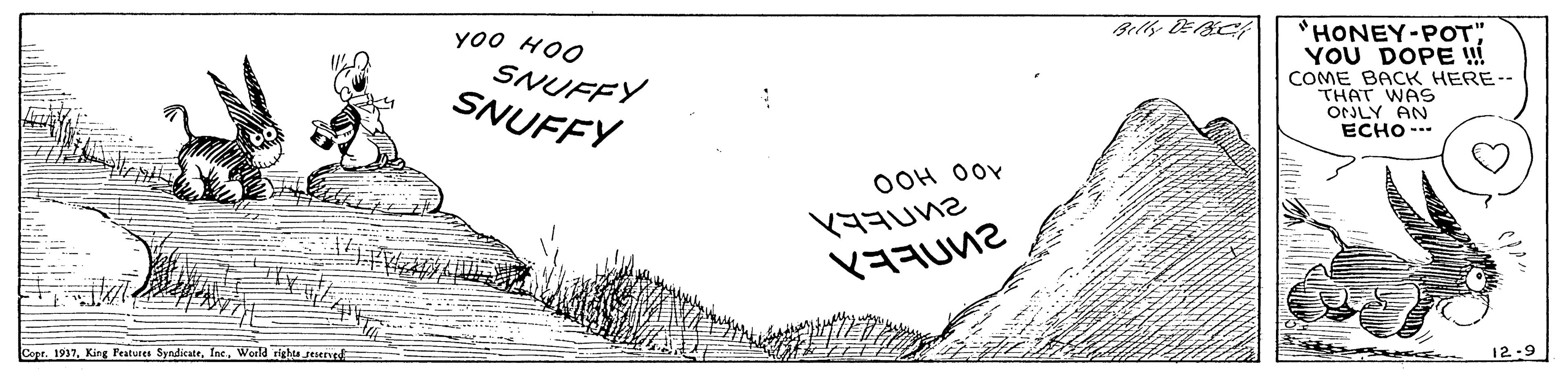 Writing OCR: "HONEY-POT" YOU DOPE Wi COME BACK HERE-- THAT WAS ONLY AN ECHO-- yo0 HOO SNUFFY SNUFFY OOH OOY V??Une V?HUN2 Corr 1937World righa seened 12:9 "HONEY-POT" YOU DOPE Wi COME BACK HERE-- THAT WAS ONLY AN ECHO-- yo0 HOO SNUFFY SNUFFY OOH OOY V ?? Une V ? HUN2 Corr 1937King Features SyndicateWorld righa seened 12:9