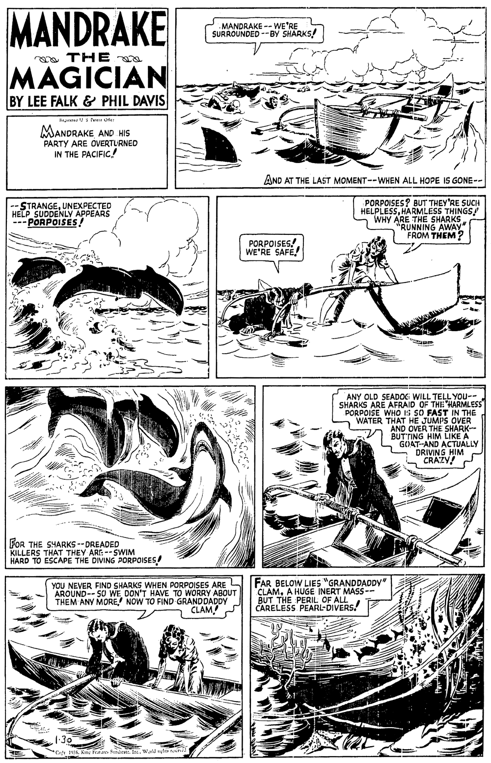 Line OCR: MANDRAKE MANDRAKE -- WE'RE SURROUNDED --BY SHARKS! oa THE a MAGICIAN BY LEE FALK & PHIL DAVIS liegurate US ere Oie: MANDRAKE AND HIS PARTY ARE OVERTURNED IN THE PACIFIC! AND AT THE LAST MOMENT--WHEN ALL HOPE IS GONE-- -STRANGEUNEXPECTED HELP SUDDENLY APPEARS ---PORPOISEs! PORPOISES? BUT THEY'RE SUCH HELPLESSHARMLESS THINGS! WHY ARE THE SHARKS "RUNNING AWAY" FROM THEM ? PORPOISES! WE'RE SAFE! ANY OLD SEADOCG WILL TELL YOU- SHARKS ARE AFRAID OF THE HARMLESS PORPOISE WHO IS SO FAST IN THE WATER THAT HE JUMPS OVER AND OVER THE SHARK- BUTTING HIM LIKE A GOAT-AND ACTUALLY DRIVING HIM CRAZY! FOR THE SYARKS -- DREADED KILLERS THAT THEY ARE--SWIM HARD TO ESCAPE THE DIVING PORPOISES YOU NEVER FIND SHARKS WHEN PORPOISES ARE AROUND--SO WE DON'T HAVE TO WORRY ABOUT THEM ANY MORENOW TO FIND GRANDDADDY CLAM! FAR BELOW LIES "GRANDDADDY" 'CLAMA HUGE INERT MASS-- BUT THE PERIL OF ALL CARELESS PEARL-DIVERS. Coti 1K Farares Serdicat. In. Warld nylis tned MANDRAKE MANDRAKE -- WE'RE SURROUNDED --BY SHARKS! oa THE a MAGICIAN BY LEE FALK & PHIL DAVIS liegurate US ere Oie: MANDRAKE AND HIS PARTY ARE OVERTURNED IN THE PACIFIC! AND AT THE LAST MOMENT--WHEN ALL HOPE IS GONE-- -STRANGEUNEXPECTED HELP SUDDENLY APPEARS ---PORPOISEs! PORPOISES? BUT THEY'RE SUCH HELPLESSHARMLESS THINGS! WHY ARE THE SHARKS "RUNNING AWAY" FROM THEM ? PORPOISES! WE'RE SAFE! ANY OLD SEADOCG WILL TELL YOU- SHARKS ARE AFRAID OF THE HARMLESS PORPOISE WHO IS SO FAST IN THE WATER THAT HE JUMPS OVER AND OVER THE SHARK- BUTTING HIM LIKE A GOAT-AND ACTUALLY DRIVING HIM CRAZY! FOR THE SYARKS -- DREADED KILLERS THAT THEY ARE--SWIM HARD TO ESCAPE THE DIVING PORPOISES YOU NEVER FIND SHARKS WHEN PORPOISES ARE AROUND--SO WE DON'T HAVE TO WORRY ABOUT THEM ANY MORENOW TO FIND GRANDDADDY CLAM! FAR BELOW LIES "GRANDDADDY" 'CLAMA HUGE INERT MASS-- BUT THE PERIL OF ALL CARELESS PEARL-DIVERS. Coti 1K Farares Serdicat. In. Warld nylis tned