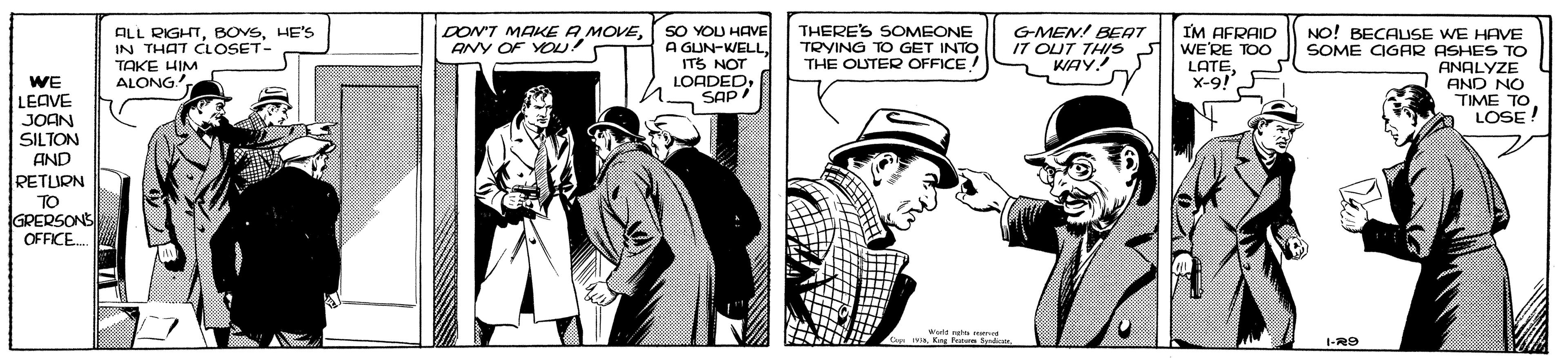 Parallel OCR: SO YOU HAVE A GUN-WELL ITS NOT LOADEDSAP THERE'S SOMEONE TRYING TO GET INTO THE OUTER OFFICE GMEN! BEAT IT OUT ALL RIGHTHE'S IN THAT CLOSET- TAKE HIM ALONG I'M AFRAID WE'RE TOO LATEX-9! NO! BECAUSE WE HAVE SOME CIGAR ASHES TO ANALYZE AND NO TIME TO LOSE! |DONT MAKE AMOVEANY OF YOU! WE LEOVE JOAN SILTON AND RETLIRN TO GRERSONE OFFICE. R9 SO YOU HAVE A GUN-WELL ITS NOT LOADEDSAP THERE'S SOMEONE TRYING TO GET INTO THE OUTER OFFICE GMEN! BEAT IT OUT ALL RIGHTHE'S IN THAT CLOSET- TAKE HIM ALONG I'M AFRAID WE'RE TOO LATEX-9! NO! BECAUSE WE HAVE SOME CIGAR ASHES TO ANALYZE AND NO TIME TO LOSE! |DONT MAKE AMOVEANY OF YOU! WE LEOVE JOAN SILTON AND RETLIRN TO GRERSONE OFFICE. R9