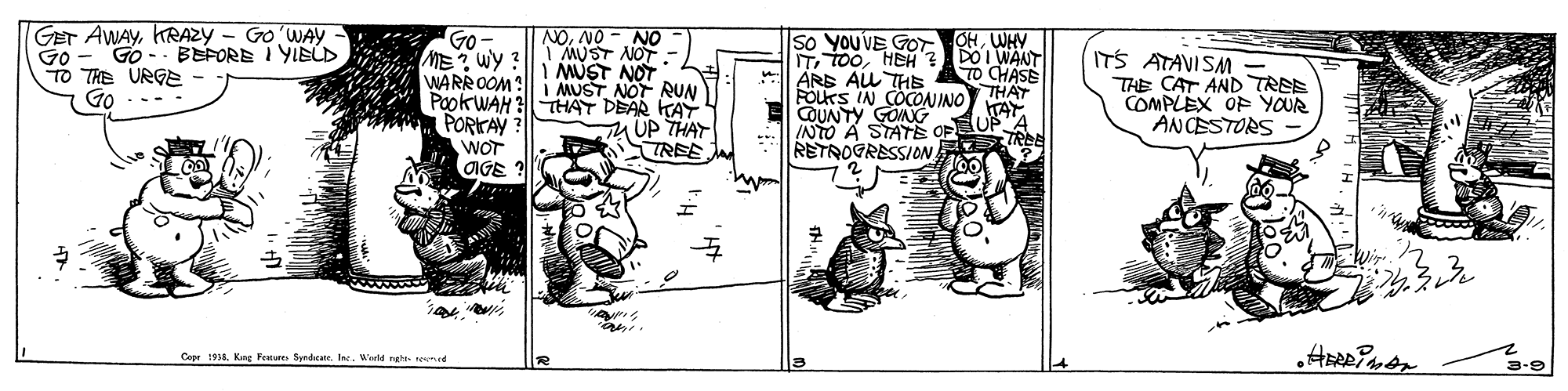 Illustration OCR: GET AWAYKRAZY Go - GO -. BEFORE I YIBLD TO THE URGE - Go Go'WAY NONO - NO I MUST NOT- I MUST NOT Go- ME? Wy ? WARROOM: i MUST NOT RUN Pook WAH 3THAT DEAR KAY PORKAY WOT OIGE So YOUVE GOT CHWHY ITHEH'?DOI WANT ARE AL THE FOurs IN COCONINO COUNTY GONG INTO RETROGRESSION ITS ATAVISM THE CAT AND TREE COMPLEX OF YOUR ANCESTORS TO CHASE THAT UP THAY STREE STATE OF TREE Ceer 1918King Fewure Syndicate. Ine. Wiwld eh remed 3-9 GET AWAYKRAZY Go - GO -. BEFORE I YIBLD TO THE URGE - Go Go'WAY NONO - NO I MUST NOT- I MUST NOT Go- ME? Wy ? WARROOM: i MUST NOT RUN Pook WAH 3THAT DEAR KAY PORKAY WOT OIGE So YOUVE GOT CHWHY ITHEH'?DOI WANT ARE AL THE FOurs IN COCONINO COUNTY GONG INTO RETROGRESSION ITS ATAVISM THE CAT AND TREE COMPLEX OF YOUR ANCESTORS TO CHASE THAT UP THAY STREE STATE OF TREE Ceer 1918King Fewure Syndicate. Ine. Wiwld eh remed 3-9