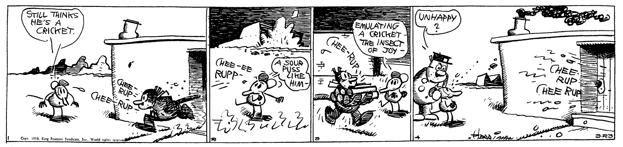 Parallel OCR: UNHAPPY STILL THINKSs HE'S A CRICKET. EMULATING A CRICKET TRE INSECT OF JOY CHEE RUP (HEE -EE RUPP- (A SOUP PUSS HIM- CHEE RUP ? inadul Cepr. IWorle UNHAPPY STILL THINKSs HE'S A CRICKET. EMULATING A CRICKET TRE INSECT OF JOY CHEE RUP (HEE -EE RUPP- (A SOUP PUSS HIM- CHEE RUP ? inadul Cepr. IKing Fratere Syndatr