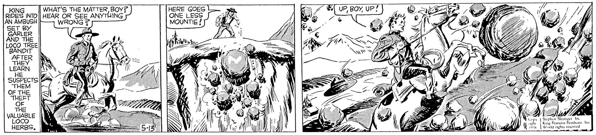 Illustration OCR: E UPUP! HERE GOES ONE LESS MOUNTIE! WHAT'S THE MATTERBOY? KING RIDES INTO HEAR OR SEE ANYTHING AN AMBUSH SET BY ARLER AND THE LocO TREE RANDIT AFTER THEY LEARN HE SUSPECTS THEM OF THE THEFT OF THE VALUABLE LOCO HERBSWRONG? Saphen Skonget In King Featuto Sydate. l A Wik aghta reerved E UPUP! HERE GOES ONE LESS MOUNTIE! WHAT'S THE MATTERBOY? KING RIDES INTO HEAR OR SEE ANYTHING AN AMBUSH SET BY ARLER AND THE LocO TREE RANDIT AFTER THEY LEARN HE SUSPECTS THEM OF THE THEFT OF THE VALUABLE LOCO HERBSWRONG? Saphen Skonget In King Featuto Sydate. l A Wik aghta reerved