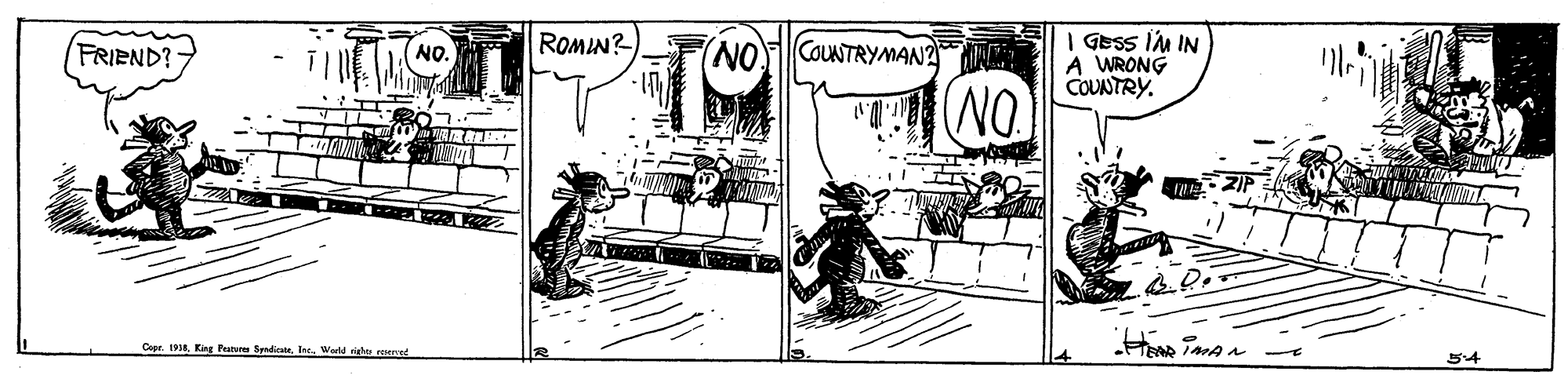 Drawing OCR: ROMIN? GEss IM IN A WRONG COUNTRY. FRIEND? NO. COUNTRYMAN? NO NO Copr. 198I. Wield righo eenet ROMIN? GEss IM IN A WRONG COUNTRY. FRIEND? NO. COUNTRYMAN? NO NO Copr. 198King Patues SendicatnI. Wield righo eenet