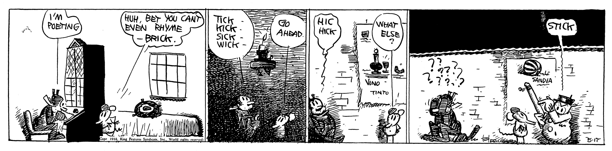 Illustration OCR: HUHBET YOU CANT EVEN RHYME BRICK. HIC HICK STICK I'M POETING Tick Kick SICK WICK WHAT ELSE Go AHEAD. SANDIA VINO TINTO 3-17 P TH HUHBET YOU CANT EVEN RHYME BRICK. HIC HICK STICK I'M POETING Tick Kick SICK WICK WHAT ELSE Go AHEAD. SANDIA VINO TINTO 3-17 P TH