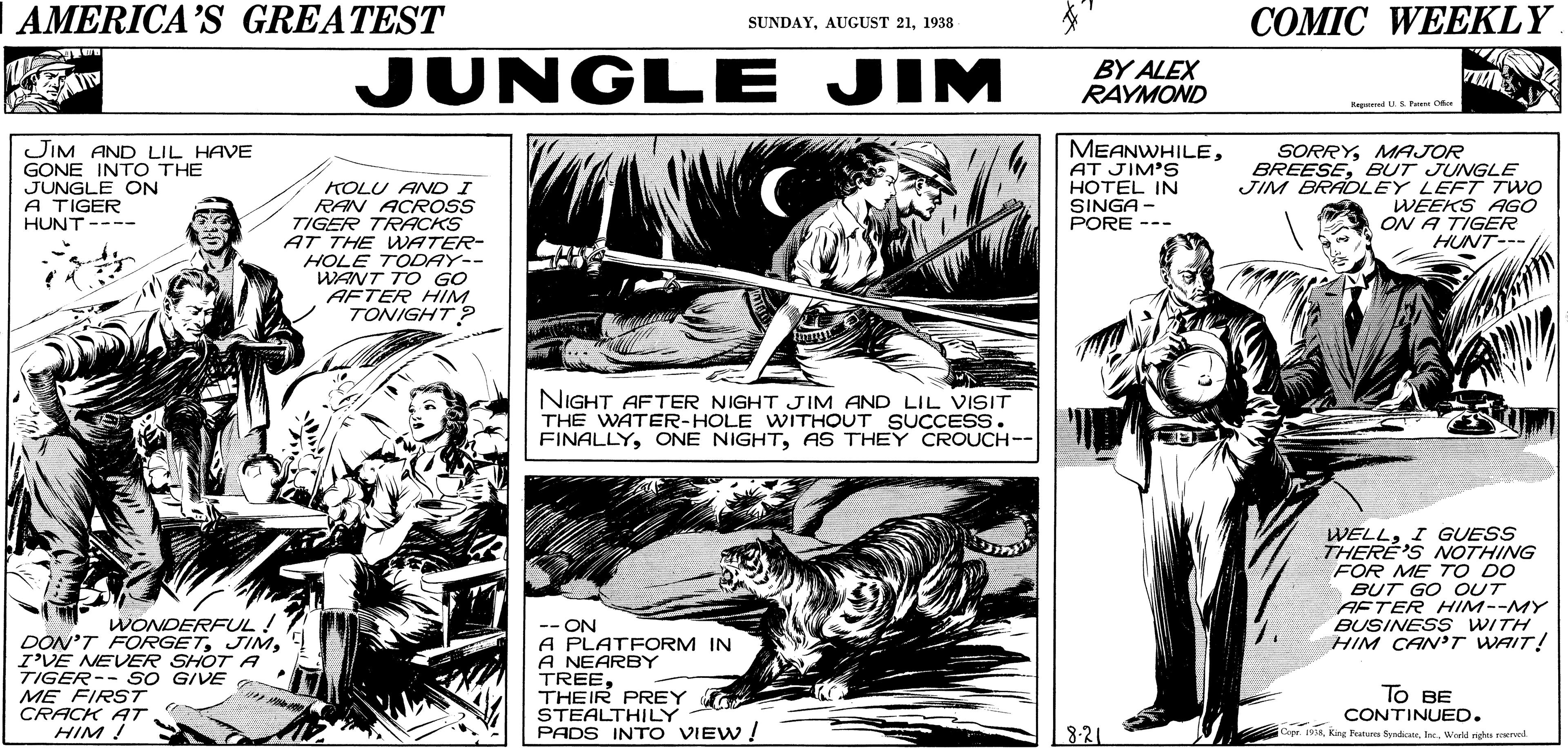 Cartoon OCR: AMERICA'S GREATEST ?OMIC WEEKLY SUNDAY1938 JUNGLE JIM BY ALEX RAYMOND Ragad U. S Pe O JIM AND LIL HAVE GONE INTO THE JUNGLE ON A TIGER HUNT ---- MEANWHILEAT JIM'S HOTEL IN SINGA - PORE --- SORRYMAJOR BREESEBUT JUNGLE JIM BRADLEY LEFT Two WEEKS AGO ON A TIGER HUNT---/ KOLU AND I RAN ACROSS TIGER TRACKS AT THE WATER- HOLE TODAY-- WANT TO GO AFTER HIM TONIGHT ? NIGHT AFTER NIGHT JIM AND LIL VISIT THE WATER-HOLE WITHOUT SUCCESS FINALLYAS THEY CROUCH-- WELLI GUESS THERÉ'S NOTHING FOR ME TO DO BUT GO OUT AFTER HIM--MY BUSINESS WITH HIM CAN'T WAIT! WONDERFUL ! DON'T FORGETI'VE NEVER SHOT A TIGER-- sO GIVE ME FIRST CRACK AT HIM ! -ON A PLATFORM IN A NEARBY TREETHEIR PREY STEALTHILY PADS INTO VIEW ! To BE CONTINUED. Capr. 191Warkd ighs neervel 8-21 AMERICA'S GREATEST ?OMIC WEEKLY SUNDAYAUGUST 211938 JUNGLE JIM BY ALEX RAYMOND Ragad U. S Pe O JIM AND LIL HAVE GONE INTO THE JUNGLE ON A TIGER HUNT ---- MEANWHILEAT JIM'S HOTEL IN SINGA - PORE --- SORRYMAJOR BREESEBUT JUNGLE JIM BRADLEY LEFT Two WEEKS AGO ON A TIGER HUNT---/ KOLU AND I RAN ACROSS TIGER TRACKS AT THE WATER- HOLE TODAY-- WANT TO GO AFTER HIM TONIGHT ? NIGHT AFTER NIGHT JIM AND LIL VISIT THE WATER-HOLE WITHOUT SUCCESS FINALLYONE NIGHTAS THEY CROUCH-- WELLI GUESS THERÉ'S NOTHING FOR ME TO DO BUT GO OUT AFTER HIM--MY BUSINESS WITH HIM CAN'T WAIT! WONDERFUL ! DON'T FORGETI'VE NEVER SHOT A TIGER-- sO GIVE ME FIRST CRACK AT HIM ! -ON A PLATFORM IN A NEARBY TREETHEIR PREY STEALTHILY PADS INTO VIEW ! To BE CONTINUED. Capr. 191King Fatu fdieWarkd ighs neervel 8-21