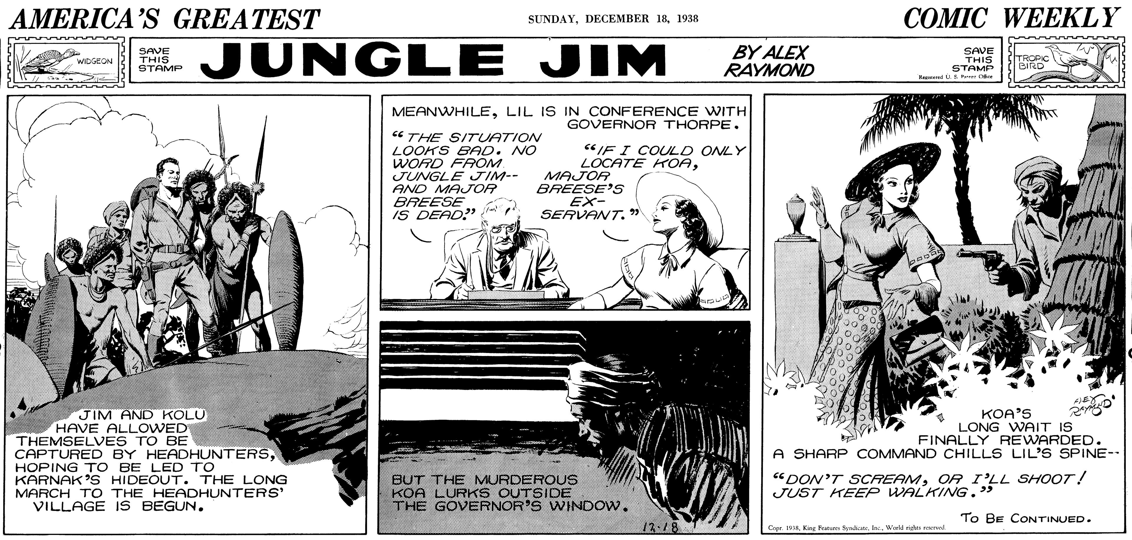Illustration OCR: AMERICA’S GREATEST COMIC WEEKLY SUNDAY1938 SAVE THIS STAMP JUNGLE JIM BY ALEX RAYMOND SAVE THIS STAMP Maed U P C TROPIC BIRD WDGEON MEANWHILELIL IS IN CONFERENCE WITH GOVERNOR THORPE. “ THE SITUATION LOOKS BAD. NO WORD FROM JUNGLE JIM-- AND MAJOR BREESE IS DEAD?" "IF I COULD ONLY LOCATE KOAMAJOR BREESE'S EX- SERVANT." KOA'S LONG WAIT IS FINALLY REWARDED. JIM AND KOLU HAVE ALLOWED THEMSELVES TO BE CAPTURED BY HEADHUNTERSHOPING TO BE LED TO KARNAK'S HIDEOUT. THE LONG MARCH T O THE HEADHUNTERS' VILLAGE IS BEGUN. A SHARP COMMAND CHILLS LIL'S SPINE-- BUT THE MURDEROUS KOA LURK S OUTSIDE THE GOVERNOR'S WINDOW. "DON'T SCREAMOR I'LL SHOOT! JUST KEEP WALKING." To BE CONTINUED. Cope. 19Werld n erved. AMERICA’S GREATEST COMIC WEEKLY SUNDAYDECEMBER 181938 SAVE THIS STAMP JUNGLE JIM BY ALEX RAYMOND SAVE THIS STAMP Maed U P C TROPIC BIRD WDGEON MEANWHILELIL IS IN CONFERENCE WITH GOVERNOR THORPE. “ THE SITUATION LOOKS BAD. NO WORD FROM JUNGLE JIM-- AND MAJOR BREESE IS DEAD?" "IF I COULD ONLY LOCATE KOAMAJOR BREESE'S EX- SERVANT." KOA'S LONG WAIT IS FINALLY REWARDED. JIM AND KOLU HAVE ALLOWED THEMSELVES TO BE CAPTURED BY HEADHUNTERSHOPING TO BE LED TO KARNAK'S HIDEOUT. THE LONG MARCH T O THE HEADHUNTERS' VILLAGE IS BEGUN. A SHARP COMMAND CHILLS LIL'S SPINE-- BUT THE MURDEROUS KOA LURK S OUTSIDE THE GOVERNOR'S WINDOW. "DON'T SCREAMOR I'LL SHOOT! JUST KEEP WALKING." To BE CONTINUED. Cope. 19Kine Na SydaWerld n erved.