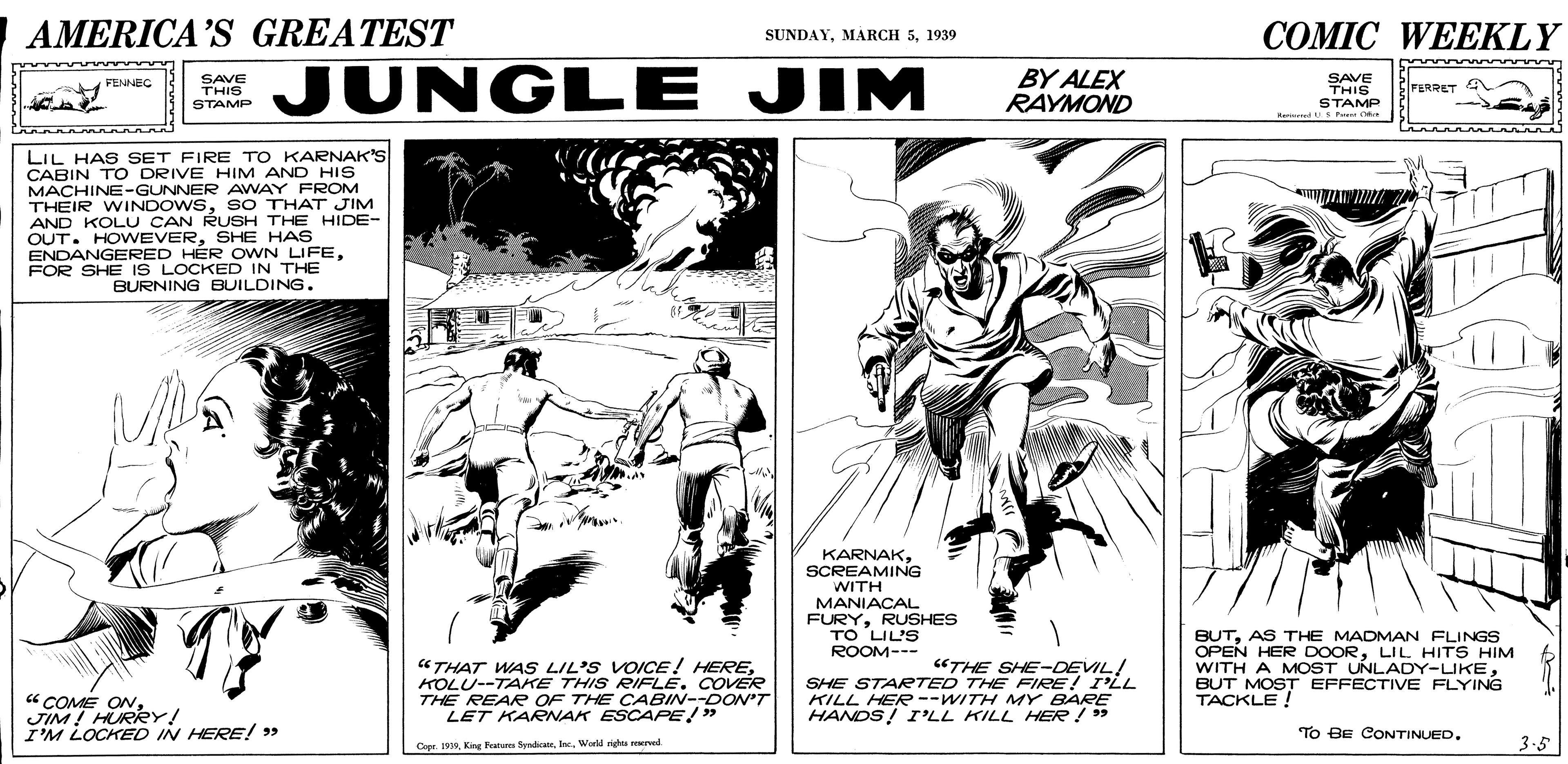 Line art OCR: AMERICA'S GREATEST COMIC WEEKLY SUNDAY1939 SAVE THIS STAMP JUNGLE JIM BY ALEX RAYMOND SAVE THIS STAMP FENNEC FERRET Me SPe LIL HAS SET FIRE TO KARNAK'S CABIN T O DRIVE HIM AND HIS MACHINE-GUNNER AWAY FROM THEIR WINDOWSSO THAT JIM AND KOLU CAN RUSH THE HIDE- OUT. HOVWEVERSHE HAS ENDANGERED HER OWN LIFEFOR SHE IS LOCKED IN THE BURNING BUILDING. KARNAKSCREAMING WITH MANIACAL FURYRUSHES TO LIL'S ROOM--- "THAT WAS LIL'S VOICE ! HEREKOLU--TAKE THIS RIFLÉ. COVER THE REAR OF THE CABIN--DON'T LET KARNAK ESCAPE!" "THE SHE-DEVIL! SHE STARTED THE FIRE! I'LL KILL HER --WITH MY BARE HANDS! I'LL KILL HER ! BUTAS THE MADMAN FLINGS OPEN HER DOORLIL HITS HIM WITH A MOST UNLADY-LIKEBUT MOST EFFECTIVE FLYING TACKLE ! " COME OwJIM! HURRY! I'M LOCKED IN HERE! 9 To BE CONTINUED. Capr. IInc. World rigas rved 3.5 AMERICA'S GREATEST COMIC WEEKLY SUNDAYMARCH 51939 SAVE THIS STAMP JUNGLE JIM BY ALEX RAYMOND SAVE THIS STAMP FENNEC FERRET Me SPe LIL HAS SET FIRE TO KARNAK'S CABIN T O DRIVE HIM AND HIS MACHINE-GUNNER AWAY FROM THEIR WINDOWSSO THAT JIM AND KOLU CAN RUSH THE HIDE- OUT. HOVWEVERSHE HAS ENDANGERED HER OWN LIFEFOR SHE IS LOCKED IN THE BURNING BUILDING. KARNAKSCREAMING WITH MANIACAL FURYRUSHES TO LIL'S ROOM--- "THAT WAS LIL'S VOICE ! HEREKOLU--TAKE THIS RIFLÉ. COVER THE REAR OF THE CABIN--DON'T LET KARNAK ESCAPE!" "THE SHE-DEVIL! SHE STARTED THE FIRE! I'LL KILL HER --WITH MY BARE HANDS! I'LL KILL HER ! BUTAS THE MADMAN FLINGS OPEN HER DOORLIL HITS HIM WITH A MOST UNLADY-LIKEBUT MOST EFFECTIVE FLYING TACKLE ! " COME OwJIM! HURRY! I'M LOCKED IN HERE! 9 To BE CONTINUED. Capr. IKing Features SpadicMInc. World rigas rved 3.5