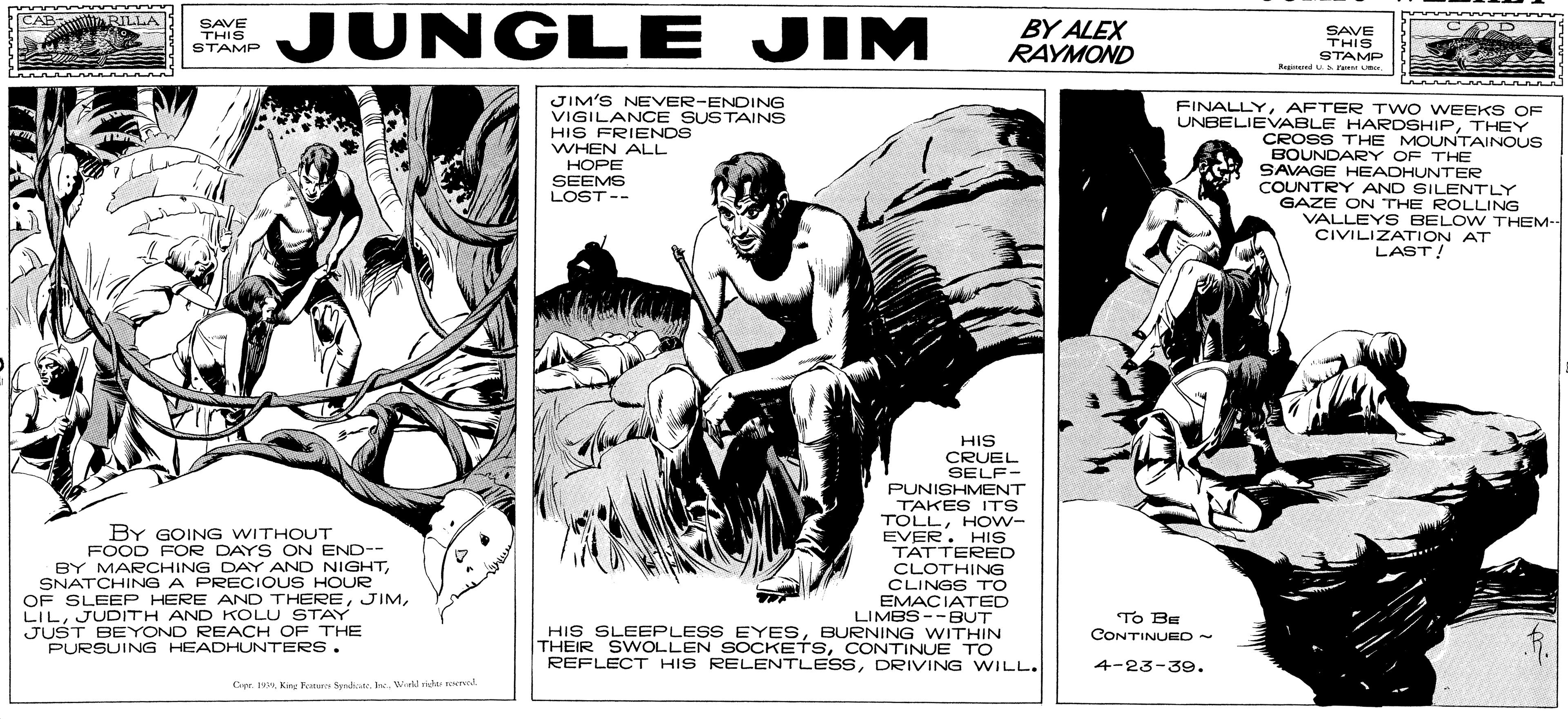 Fiction OCR: JUNGLE JIM RILLA SAVE THIS STAMP BY ALEX RAYMOND SAVE THIS STAME Reped JIM'S NEVER-ENDING VIGILANCE SUSTAINS HIS FRIENDS WHEN ALL HOPE SEEMS LOST-- FINALLYAFTER TWO WEEKS OF UNBELIEVABLE HARDSHIPTHEY CROSS THE MOUNTAINOUS BOUNDARY OF THE SAVAGE HEADHUNTER COUNTRY AND SILENTLY GAZE ON THE ROLLING VALLEY S BELOW THEM- CIVILIZATION AT LAST! HIS CRUEL SELF- PUNISHMENT TAKES ITS TOLLHOW- EVER. HIS TATTERED BY GOING WITHOUT FOOD FOR DAYS ON END-- BY MARCHING DAY AND NIGHTSNATCHING A PRECIOUS HOUR OF SLEEP HERE AND THEREJUDITH AND KOLU STAY JUST BEYOND REACH OF THE PURSUING HEADHUNTERS. CLOTHING CLINGS To EMACIATED LIMBS--BUT HIS SLEEPLESS EYESBURNING WITHIN THEIR SWWOLLEN SOCKETSCONTINUE TO REFLECT HIS RELENTLESSDRIVING WILL. To BE CONTINUED~ 4-23-39. Cr. 1. Kin Ta Syadicate. IneWield vida ed JUNGLE JIM RILLA SAVE THIS STAMP BY ALEX RAYMOND SAVE THIS STAME Reped JIM'S NEVER-ENDING VIGILANCE SUSTAINS HIS FRIENDS WHEN ALL HOPE SEEMS LOST-- FINALLYAFTER TWO WEEKS OF UNBELIEVABLE HARDSHIPTHEY CROSS THE MOUNTAINOUS BOUNDARY OF THE SAVAGE HEADHUNTER COUNTRY AND SILENTLY GAZE ON THE ROLLING VALLEY S BELOW THEM- CIVILIZATION AT LAST! HIS CRUEL SELF- PUNISHMENT TAKES ITS TOLLHOW- EVER. HIS TATTERED BY GOING WITHOUT FOOD FOR DAYS ON END-- BY MARCHING DAY AND NIGHTSNATCHING A PRECIOUS HOUR OF SLEEP HERE AND THEREJUDITH AND KOLU STAY JUST BEYOND REACH OF THE PURSUING HEADHUNTERS. CLOTHING CLINGS To EMACIATED LIMBS--BUT HIS SLEEPLESS EYESBURNING WITHIN THEIR SWWOLLEN SOCKETSCONTINUE TO REFLECT HIS RELENTLESSDRIVING WILL. To BE CONTINUED~ 4-23-39. Cr. 1. Kin Ta Syadicate. IneWield vida ed