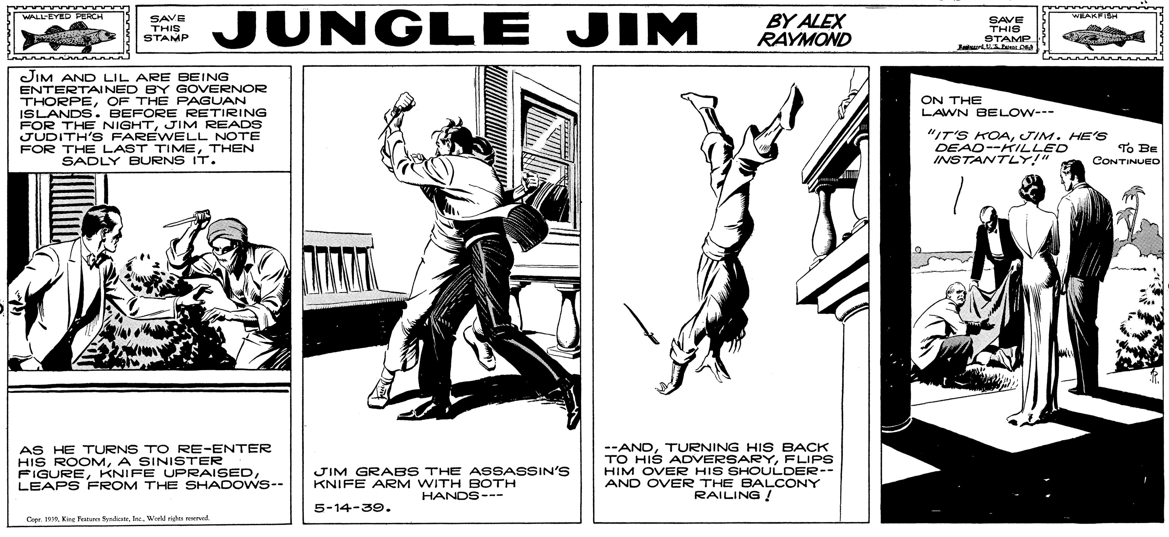 Fictional character OCR: JUNGLE JIM annn WALL-EYED PERCH BY ALEX RAYMOND WEAKFISH SAVE THIS STAMP SAVE THIS STAMP Jatsurl.a D JIM AND LIL ARE BEING ENTERTAINED BY GOVERNOR THORPEOF THE PAGUAN ISLANDS. BEFORE RETIRING FOR THE NIGHTJIM READS JUDITH'S FAREWELL NOTE FOR THE LAST TIMETHEN SADLY BURNS IT. ON THE LAWN BELOW--- "IT'S KOAJIM. HE'S DEAD--KILLED INSTANTLY!" To Be CONTINUEO AS HE TURNS TO RE-ENTER HIS ROOMA SINISTER FIGURELEAPS FROM THE SHADOvws-- JIM GRABS THE ASSASSIN'S KNIFE ARM WITH BOTH HANDS--- --ANDTURNING HIS BACK TO HIS ADVERSARYFLIPS HIM OVER HIS SHOULDER-- AND OVER THE BALCONY RAILING ! 5-14-39. Cepr. 1910lac Warkd right eerved JUNGLE JIM annn WALL-EYED PERCH BY ALEX RAYMOND WEAKFISH SAVE THIS STAMP SAVE THIS STAMP Jatsurl.a D JIM AND LIL ARE BEING ENTERTAINED BY GOVERNOR THORPEOF THE PAGUAN ISLANDS. BEFORE RETIRING FOR THE NIGHTJIM READS JUDITH'S FAREWELL NOTE FOR THE LAST TIMETHEN SADLY BURNS IT. ON THE LAWN BELOW--- "IT'S KOAJIM. HE'S DEAD--KILLED INSTANTLY!" To Be CONTINUEO AS HE TURNS TO RE-ENTER HIS ROOMA SINISTER FIGUREKNIFE UPRAISEDLEAPS FROM THE SHADOvws-- JIM GRABS THE ASSASSIN'S KNIFE ARM WITH BOTH HANDS--- --ANDTURNING HIS BACK TO HIS ADVERSARYFLIPS HIM OVER HIS SHOULDER-- AND OVER THE BALCONY RAILING ! 5-14-39. Cepr. 1910Kire Pe Sndcaelac Warkd right eerved