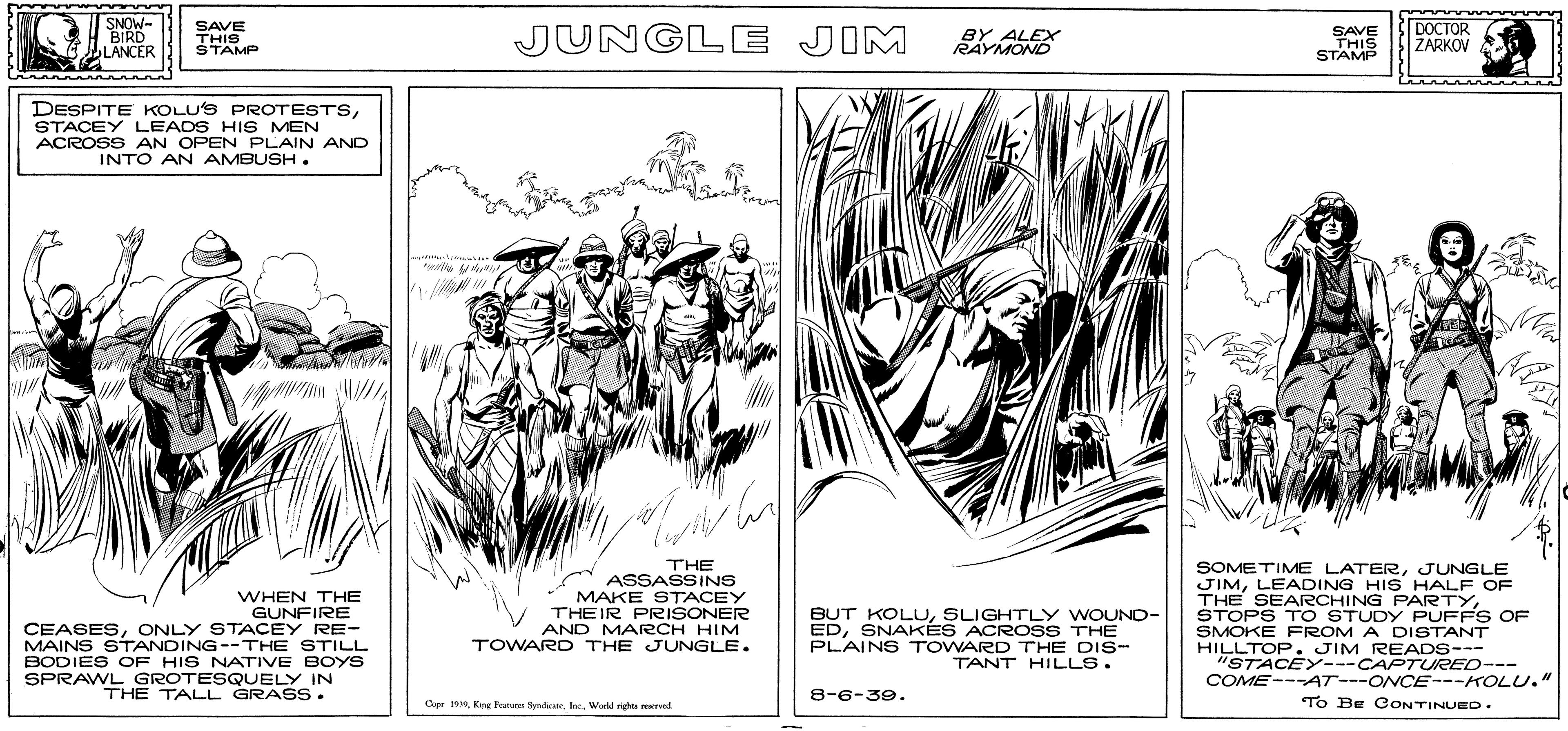 Art OCR: SNOW- BIRD. LANCER SAVE JUNGLE JIM DOCTOR ZARKOV SAVE THIS STAMP BY ALEX RAYMOND THIS STAMP DESPITE KOLU'S PROTESTSSTACEY LEADS HIS MEN ACROSS AN OPEN PLAIN AND INTO AN AMBUSH. K THE ASSASSINS MAKE STACEY THEIR PRISONER AND MARCH HIM TOWARD THE JUNGLE. SOMETIME LATERJUNGLE JIMLEADING HIS HALF OF THE SEARCHING PARTYSTOPS TO STUDY PUFFS OF SMOKE FROM A DISTANT HILLTOP . JIM READS-- "STACEY---CAPTURED--- COME---AT---ONCE---KOLU. " WHEN THE GUNFIRE CEASESONLY STACEY RE- MAINS STANDING--THE STILL BUT KOLUSLIGHTLY WOUND- EDSNAKÉS ACROSS THE PLAINS TOWARD THE DIS- TANT HILLS. BODIES OF HIS NATIVE BOYS SPRAWL GROTESQUELY IN THE TALL GRASS. 8-6-39. Cope 199Inc. World righte rewrved To Be CONTINUED. SNOW- BIRD. LANCER SAVE JUNGLE JIM DOCTOR ZARKOV SAVE THIS STAMP BY ALEX RAYMOND THIS STAMP DESPITE KOLU'S PROTESTSSTACEY LEADS HIS MEN ACROSS AN OPEN PLAIN AND INTO AN AMBUSH. K THE ASSASSINS MAKE STACEY THEIR PRISONER AND MARCH HIM TOWARD THE JUNGLE. SOMETIME LATERJUNGLE JIMLEADING HIS HALF OF THE SEARCHING PARTYSTOPS TO STUDY PUFFS OF SMOKE FROM A DISTANT HILLTOP . JIM READS-- "STACEY---CAPTURED--- COME---AT---ONCE---KOLU. " WHEN THE GUNFIRE CEASESONLY STACEY RE- MAINS STANDING--THE STILL BUT KOLUSLIGHTLY WOUND- EDSNAKÉS ACROSS THE PLAINS TOWARD THE DIS- TANT HILLS. BODIES OF HIS NATIVE BOYS SPRAWL GROTESQUELY IN THE TALL GRASS. 8-6-39. Cope 199Kire Fran fnwInc. World righte rewrved To Be CONTINUED.
