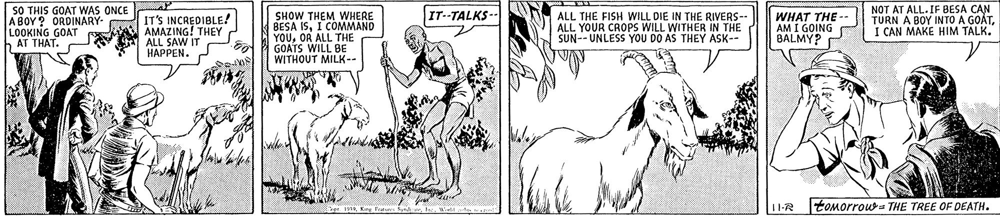 Drawing OCR: SO THIS GOAT WAS ONCE A BOY ? ORDINARY- LOOKING GOAT AT THAT. C NOT AT ALL. IF BESA CAN TURN A BOY INTO A GOÁTI CAN MAKE HIM TALK. IT--TALKS-- IT'S INCREDIBLE! AMAZING! THEY ALL SAW IT HAPPEN. SHOW THEM WHERE BESA ISI COMMAND YOUOR ALL THE GOATS WILL BE WITHOUT MILK-- ALL THE FISH WILL DIE IN THE RIVERS- ALL YOUR CROPS WILL WITHER IN THE SUN-- UNLESS YOU DO AS THEY ASK-- WHAT THE AM I GOING BALMY? 11-R tomorrou= THE TREE OF DEATH. SO THIS GOAT WAS ONCE A BOY ? ORDINARY- LOOKING GOAT AT THAT. C NOT AT ALL. IF BESA CAN TURN A BOY INTO A GOÁTI CAN MAKE HIM TALK. IT--TALKS-- IT'S INCREDIBLE! AMAZING! THEY ALL SAW IT HAPPEN. SHOW THEM WHERE BESA ISI COMMAND YOUOR ALL THE GOATS WILL BE WITHOUT MILK-- ALL THE FISH WILL DIE IN THE RIVERS- ALL YOUR CROPS WILL WITHER IN THE SUN-- UNLESS YOU DO AS THEY ASK-- WHAT THE AM I GOING BALMY? 11-R tomorrou= THE TREE OF DEATH.